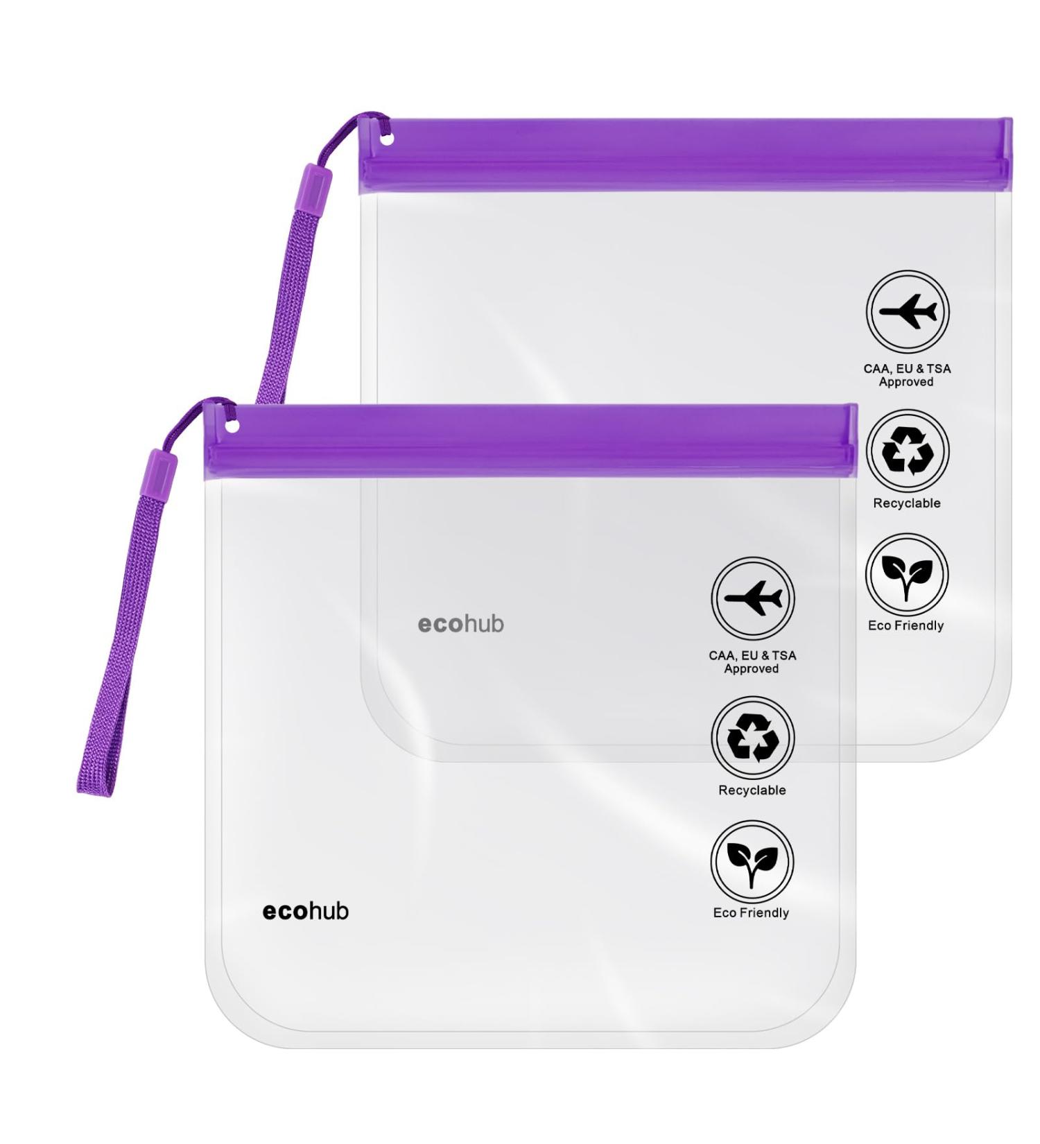 ECOHUB Airport Security Liquids Bags - 2 Pack Clear Travel Toiletry Bags with Strap - Airline Approved - Purple - Buy Online on SooperMarket.com