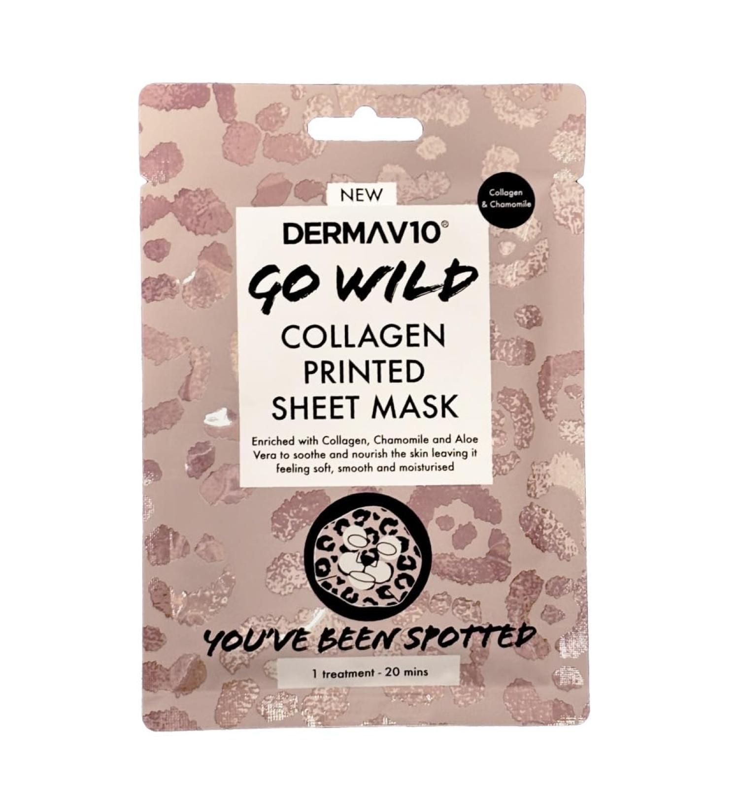 Derma V10 Go Wild Collagen Sheet Face Mask Enriched With Collagen Chamomile And Aloe Vera Soothes And Nourishes Skin Moisturises Perfect For Pamper Nights Vegan Friendly Face Sheet Mask - Buy Online on SooperMarket.com