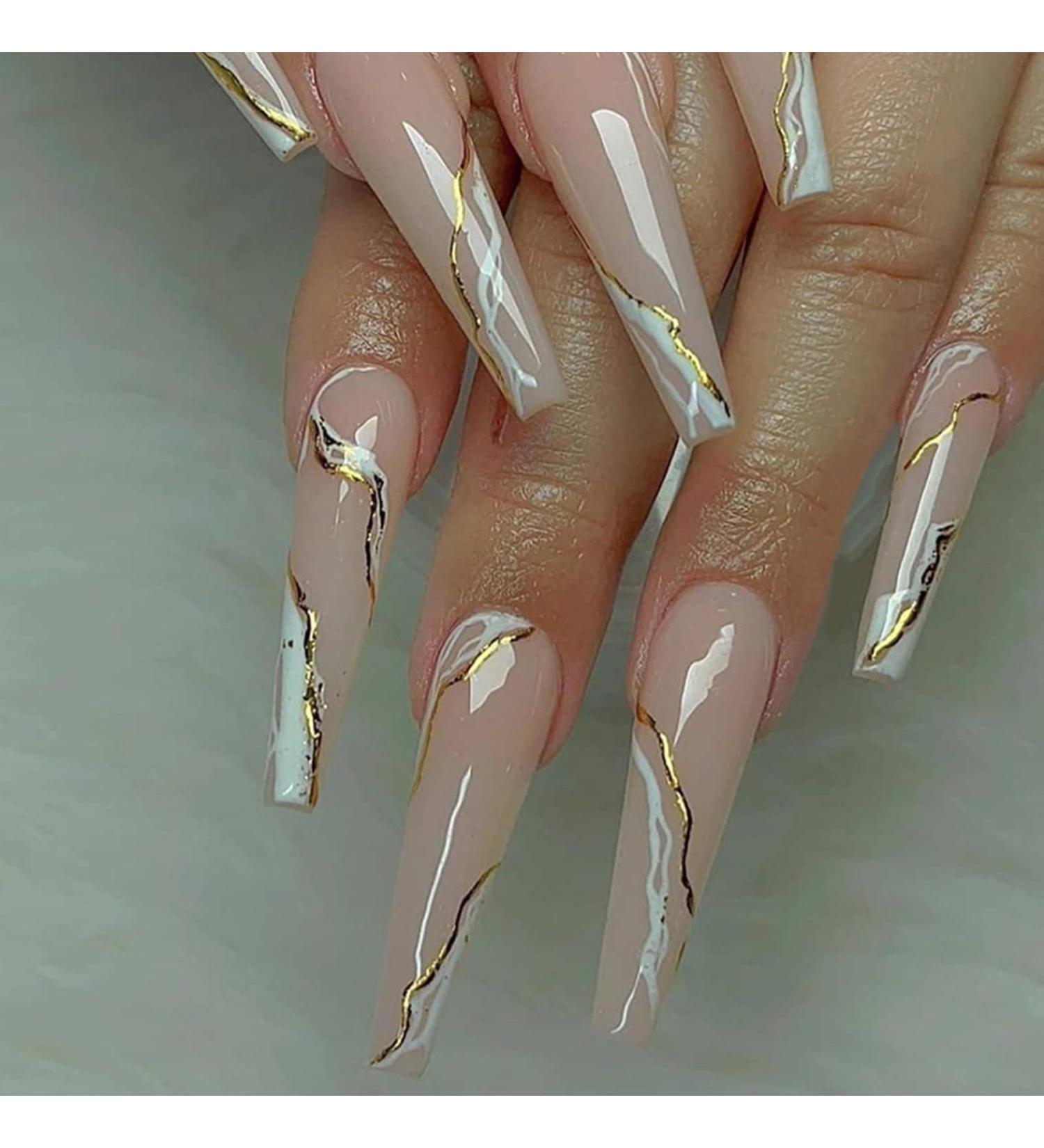 Luvadeyo 24 PCs Press On Nails Medium White French & Swirl Designs | Acrylic Fake Nails with Glue for Women The Pink Wave - Buy Online on SooperMarket.com