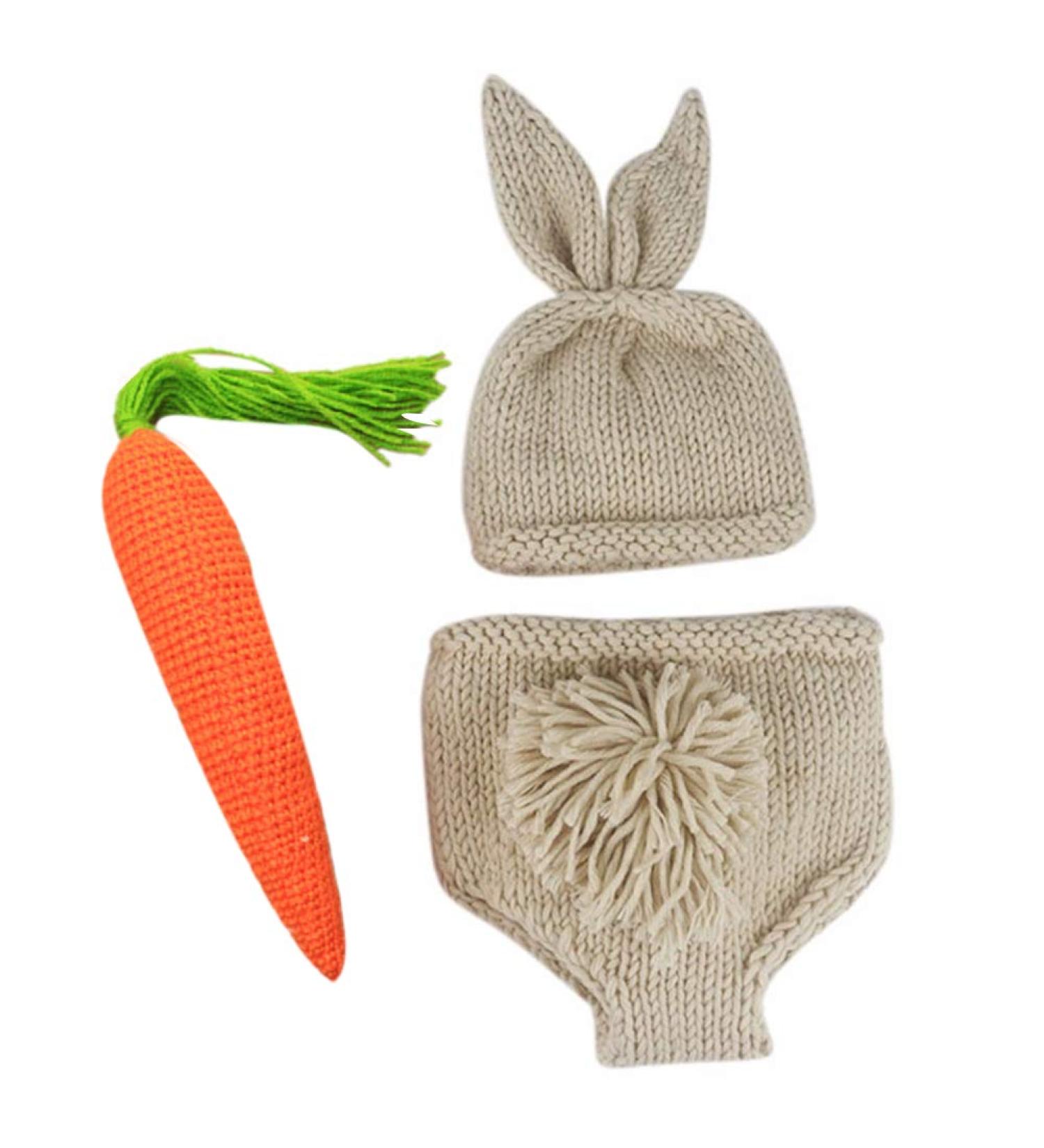 IMEKIS Newborn Baby Easter Bunny Photography Prop Costume Crochet Knit Hat Diaper Carrot 1st Birthday Outfit Set for Boy Girl One Size # Hat + Shorts + Carrot