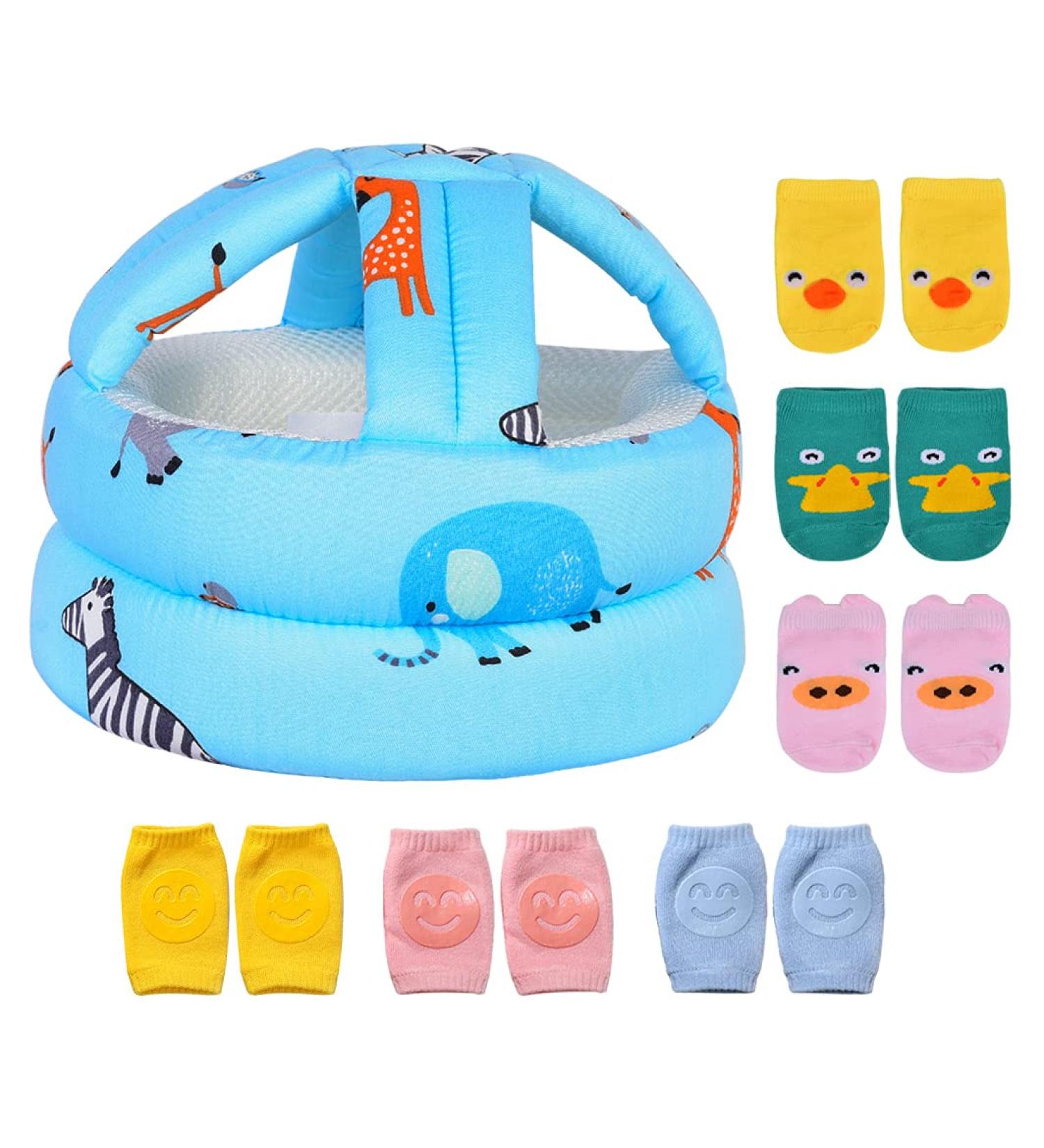Umtiti Baby Safety Helmet with Knee Pads, Socks - Zoo Blue - Head Protector for Crawling and Learning to Walk - Buy Online on SooperMarket.com