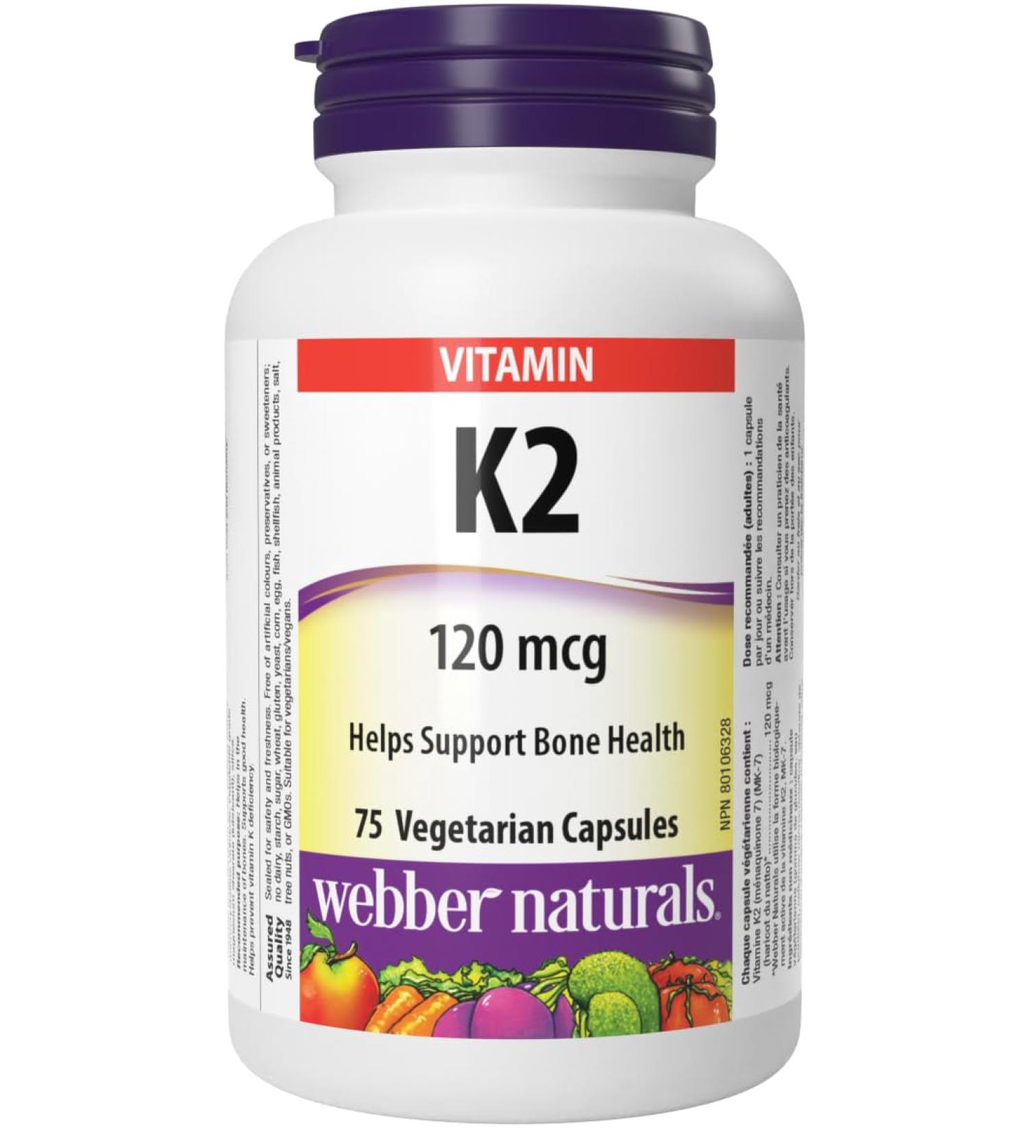Webber Naturals Vitamin K2 120 mcg 75 Capsules MK-7 Formula Helps Support Bones Vegan - Buy Online on SooperMarket.com