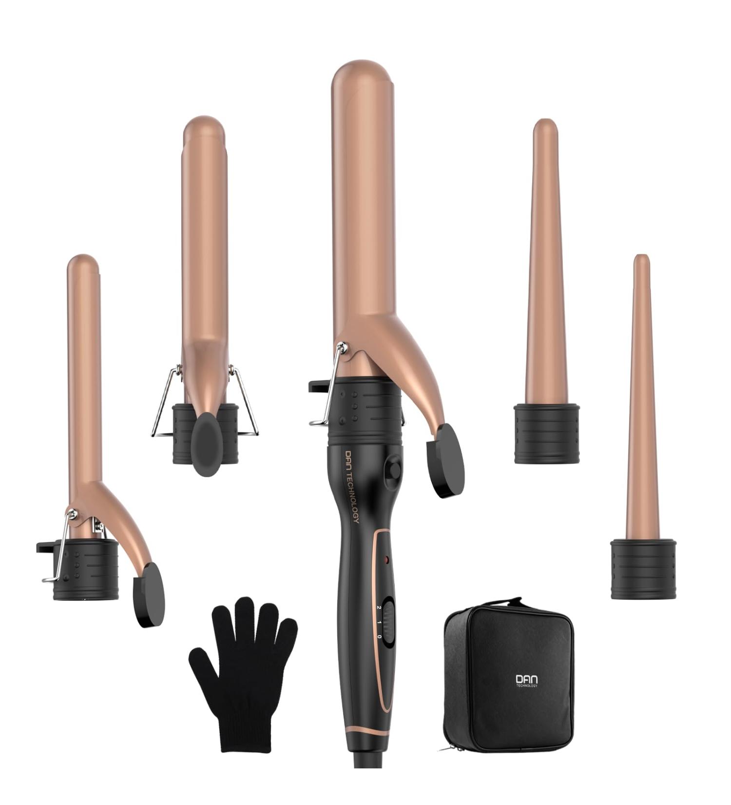 DAN Technology 5 in 1 Curling Iron Set - Dual Voltage Hair Curler with 5 Ceramic Barrels 2 Heat Settings & Heat Protective Glove - Adjustable Temperature Rose Gold - Buy Online on SooperMarket.com