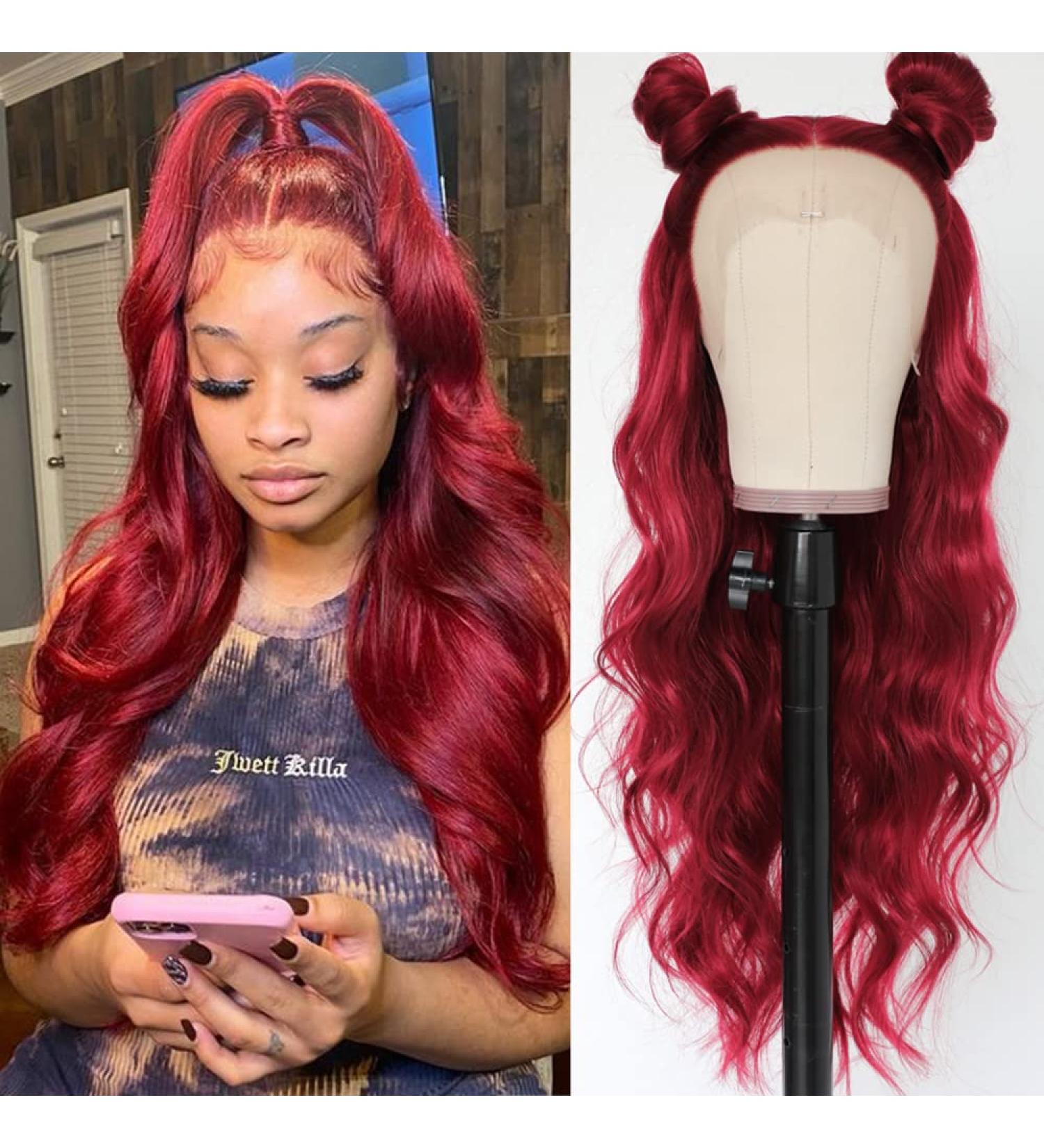 QD-Tizer Burgundy Red Lace Front Wig - Long Wavy Heat Resistant Synthetic Hair for Women - Buy Online on SooperMarket.com