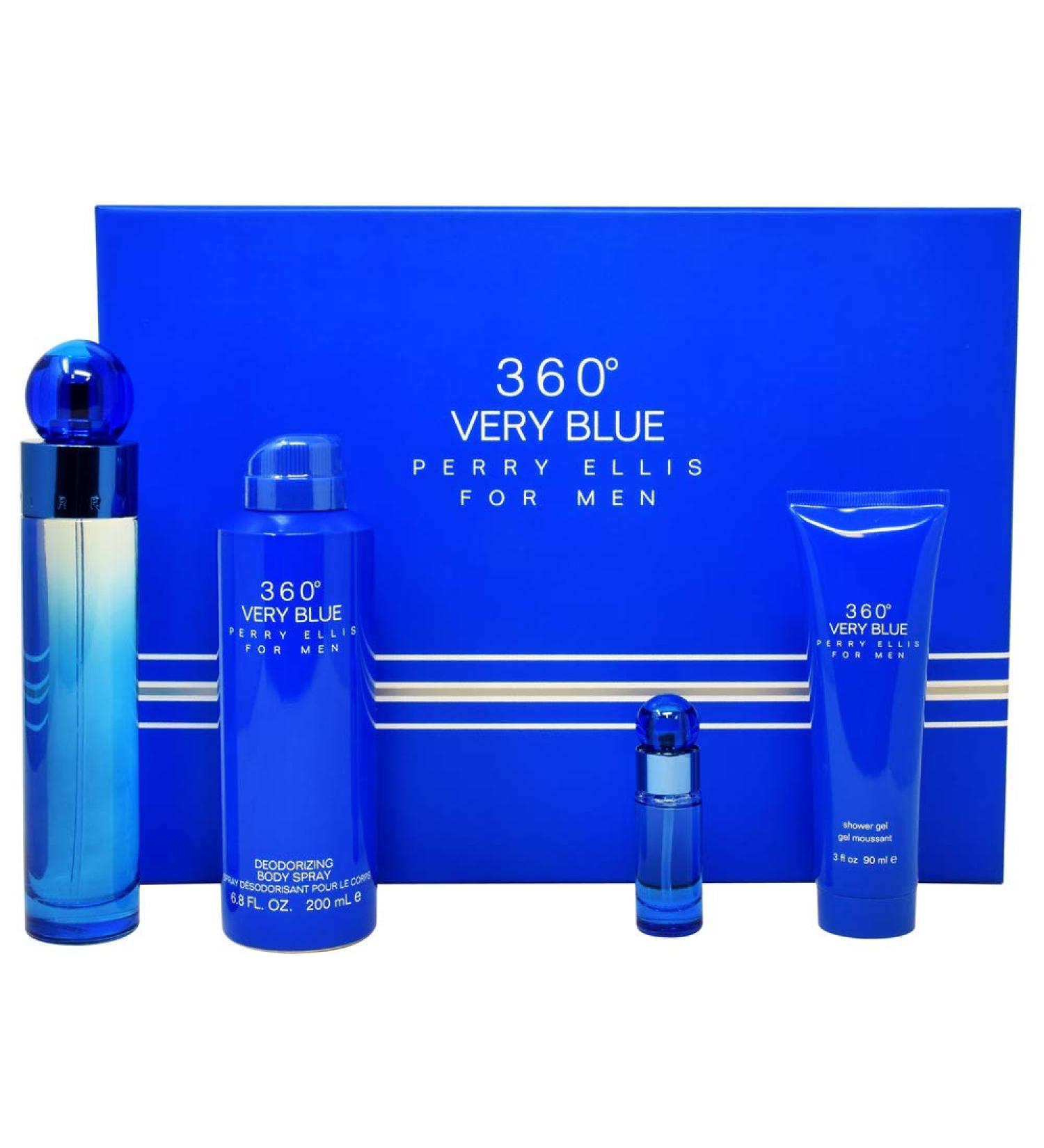 Perry Ellis 360 Very Blue By Perry Ellis for Men - 4 Pc Gift Set 3.4oz Edt Spray 7.5ml Edt Spray 6.8oz Body Spray 3oz Shower Gel 4count