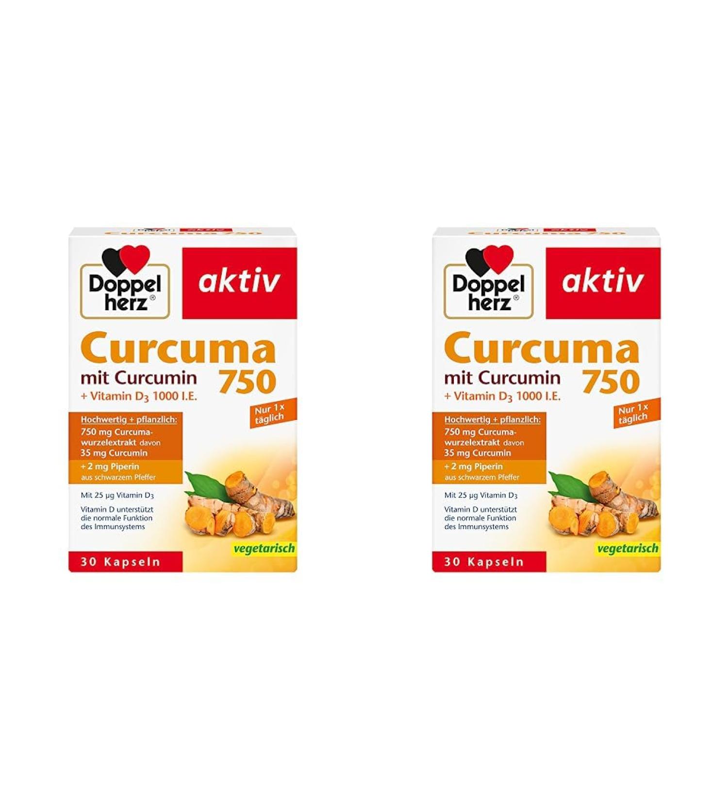 Buy Double Heart Curcuma 750 with Curcumin & Vitamin D3 - Supports Immune Health - 30 Vegetarian Capsules (Pack of 2) - International Shipping - Buy Online on SooperMarket.com