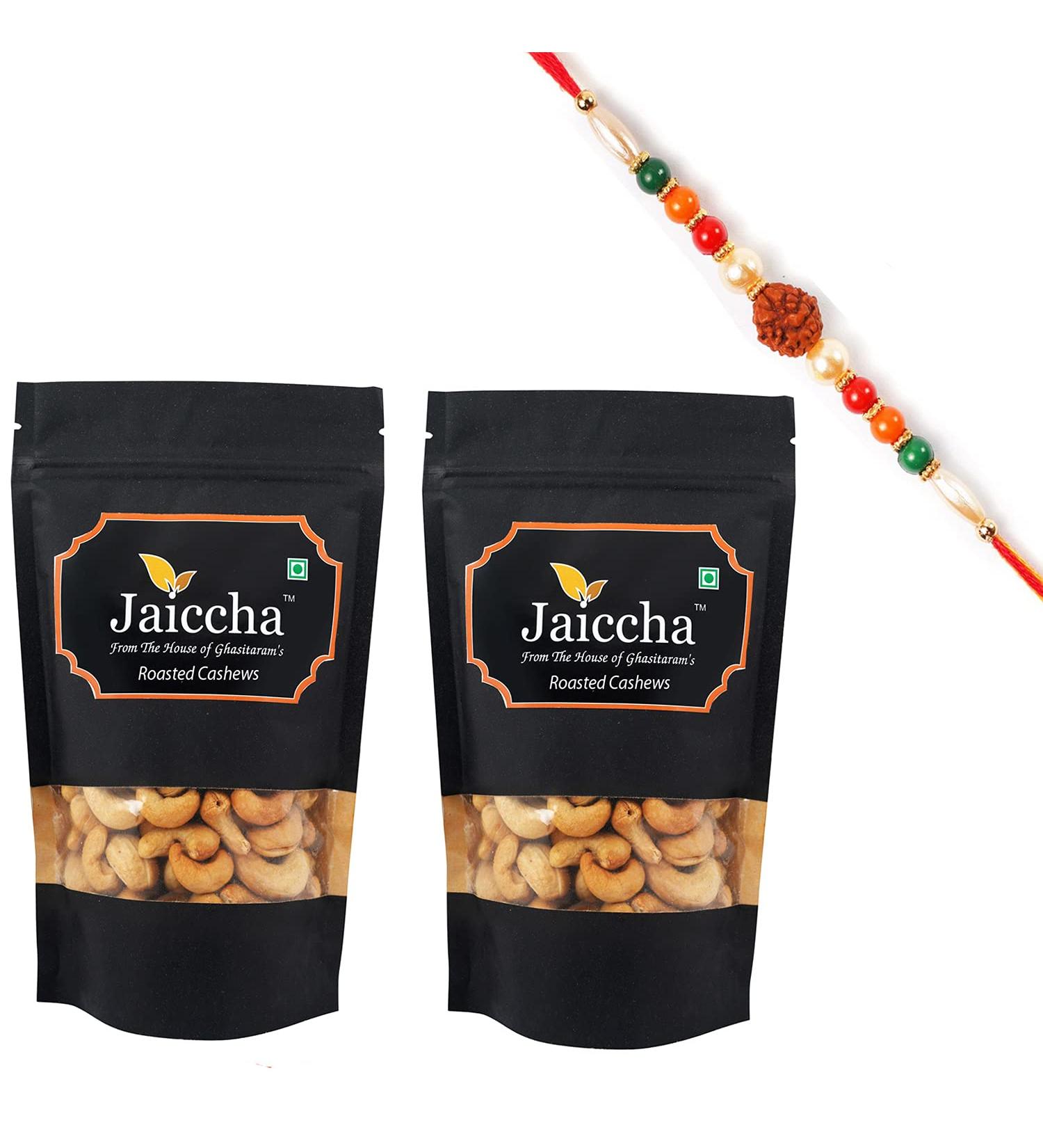 Jaiccha Ghasitaram Rakhi Gifts for Brothers Rakhi Dryfruits - Roasted Salted Cashews 400 GMS in Black Paper Pouch with Rudraksh Rakhi - Buy Online on SooperMarket.com
