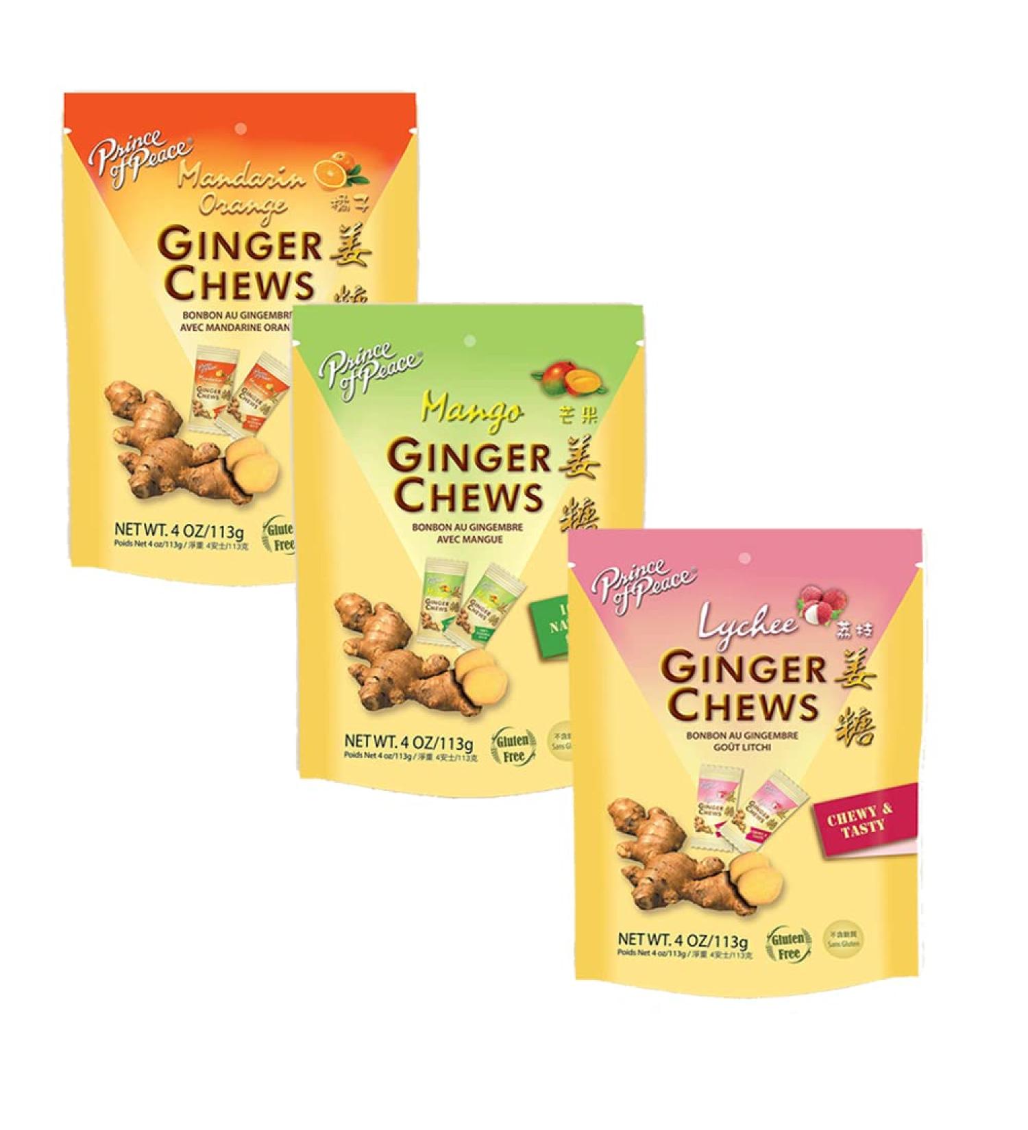 Ginger Chews Candy Original Flavo 4oz Original, Lemon, Orange, Mango, Lychee and Peanut Butter Flavors Natural Candy,Sweet and Spicy Chewy for Morning Sickness and Nausea Relief (Mango+Orange+Lychee)