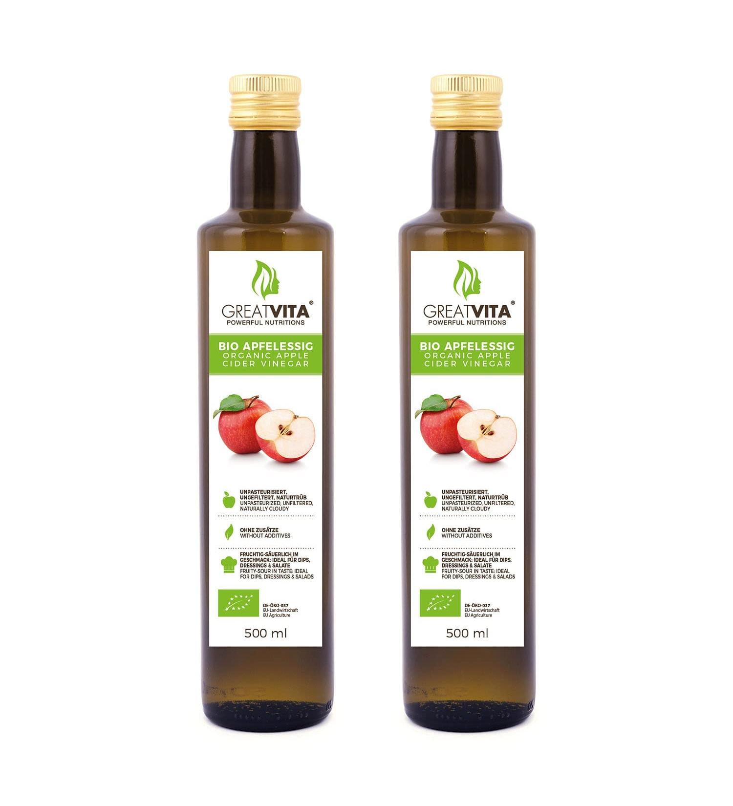 GreatVita Organic Apple Cider Vinegar (2 x 500 ml) - Naturally Cloudy & Unfiltered with Mother - International Shipping Available - Buy Online on SooperMarket.com