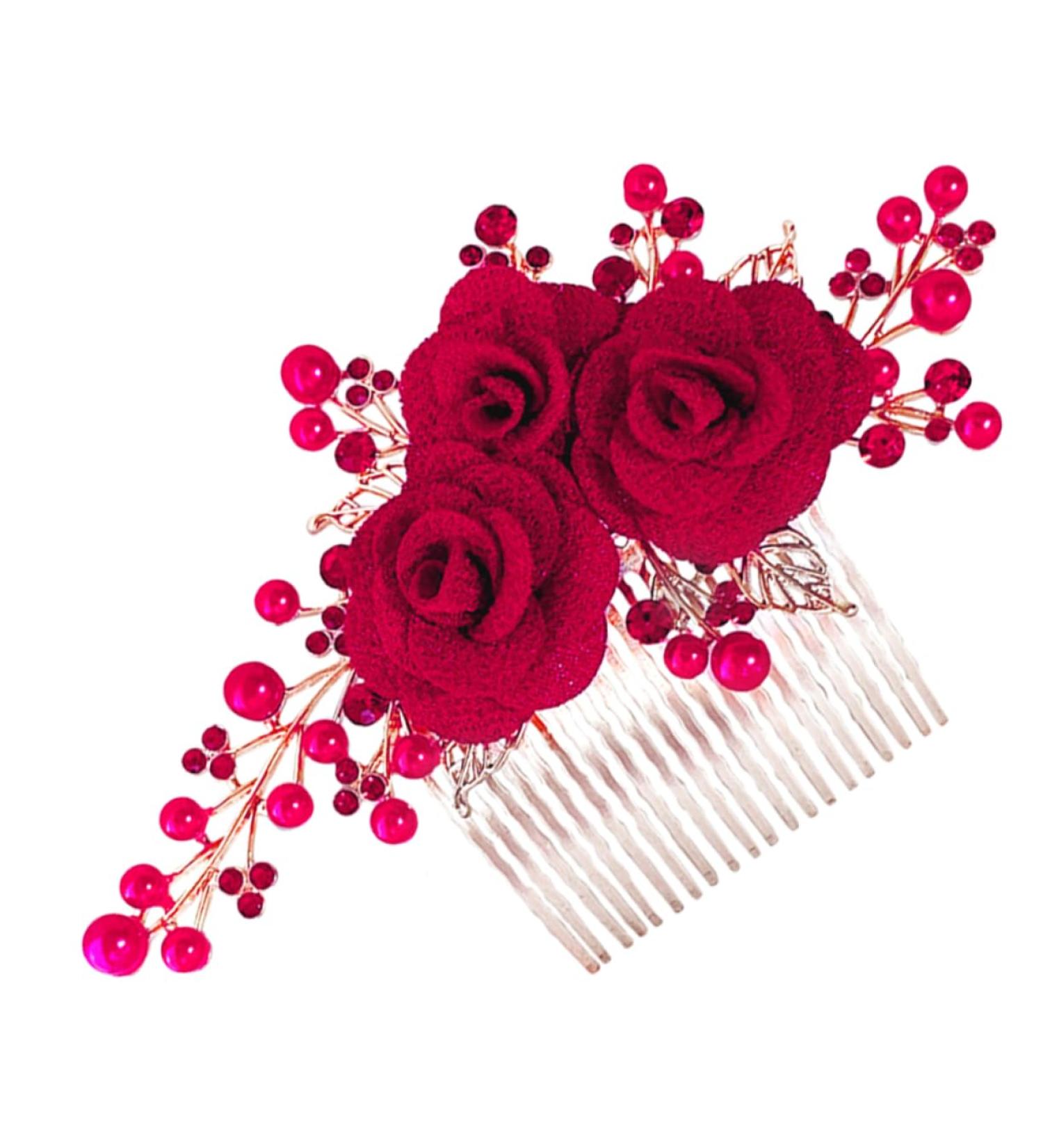 PLAFOPE Rose Hair Comb Hair Jewelry Comb Female Insert Comb Bridesmaid Hair Comb Rose Head Decor Hair Comb Clip Wedding Hair Comb Wedding Ceremony Decorations Hair Accessories Red Cloth - Buy Online on SooperMarket.com
