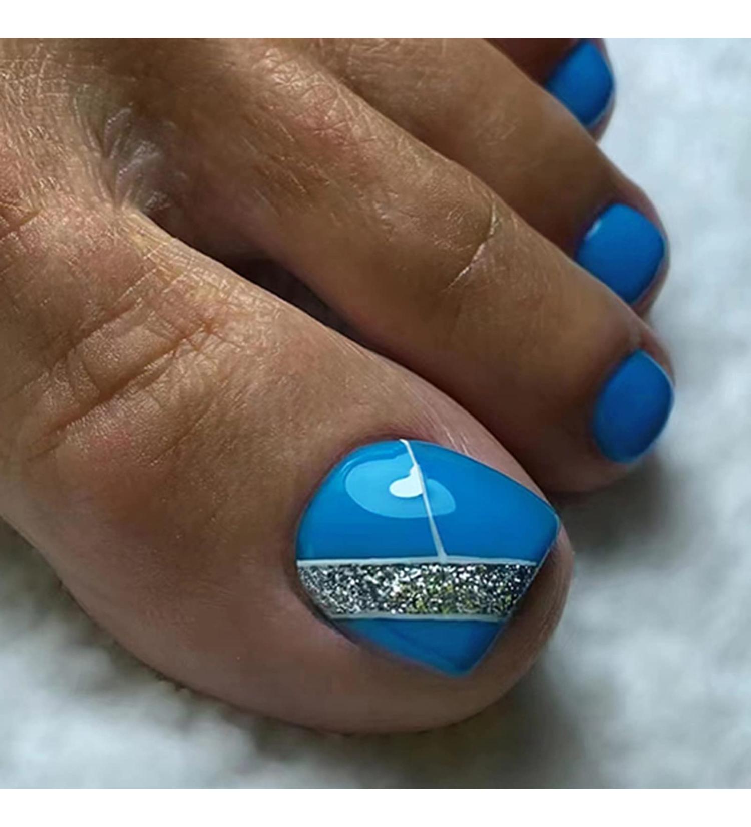 Silver Glitter Short False Toe Nails with Line Design - Cute Square Acrylic Press-on Toenails for Women - Buy Online on SooperMarket.com