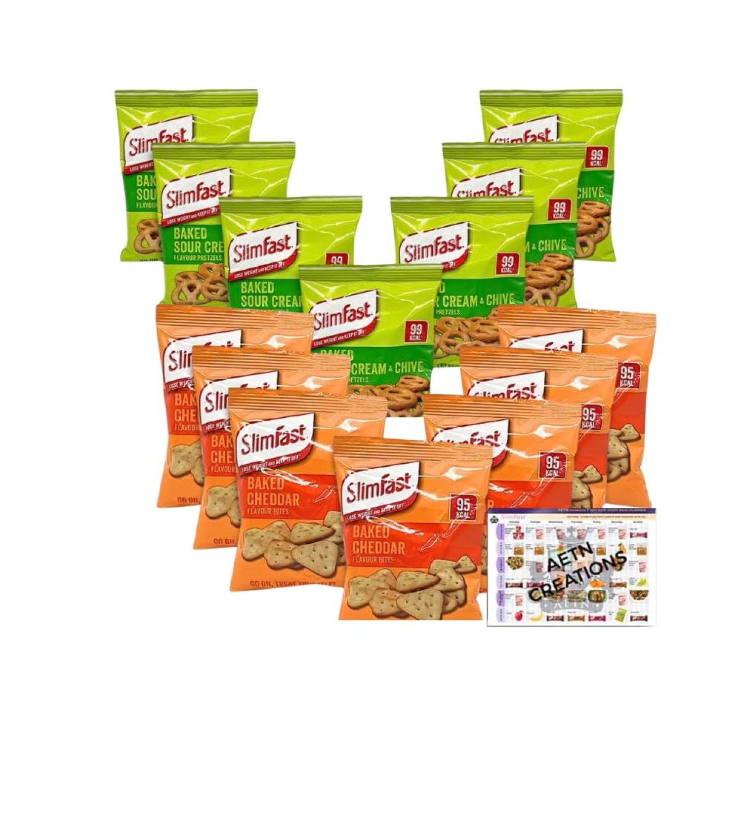 AETN Creations Slim Fast Crisps Bundle Pack of 14 with 7 Cheddar Bites 7 Sour Cream and Chive plus AETN Magnet and Meal Planner Nutritious Snacking - Buy Online on SooperMarket.com