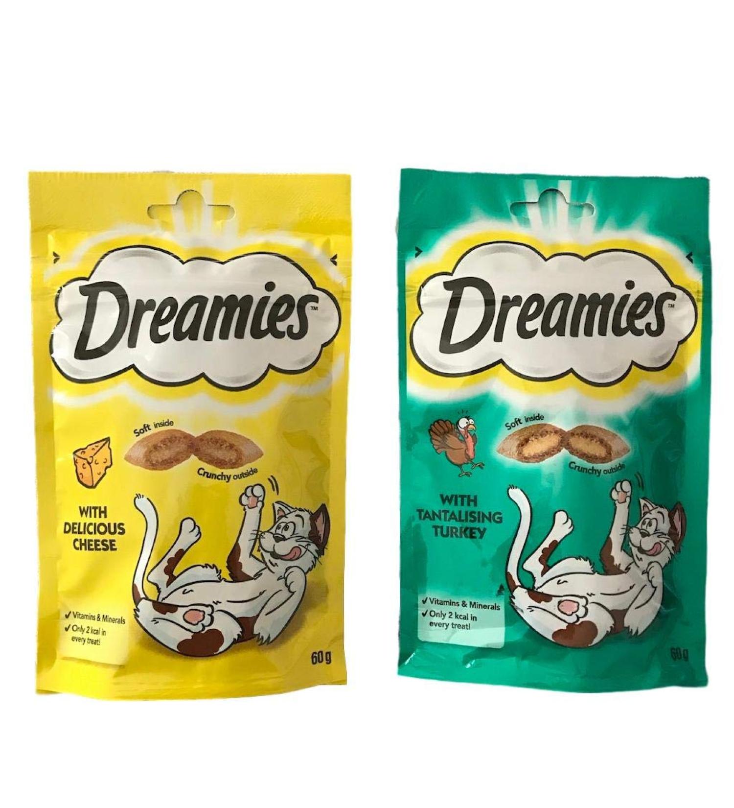 Dreamies Cat Treats Bundle - 2 Flavours - Tantalising Turkey and Delicious Cheese 60g (one of each) - Buy Online on SooperMarket.com
