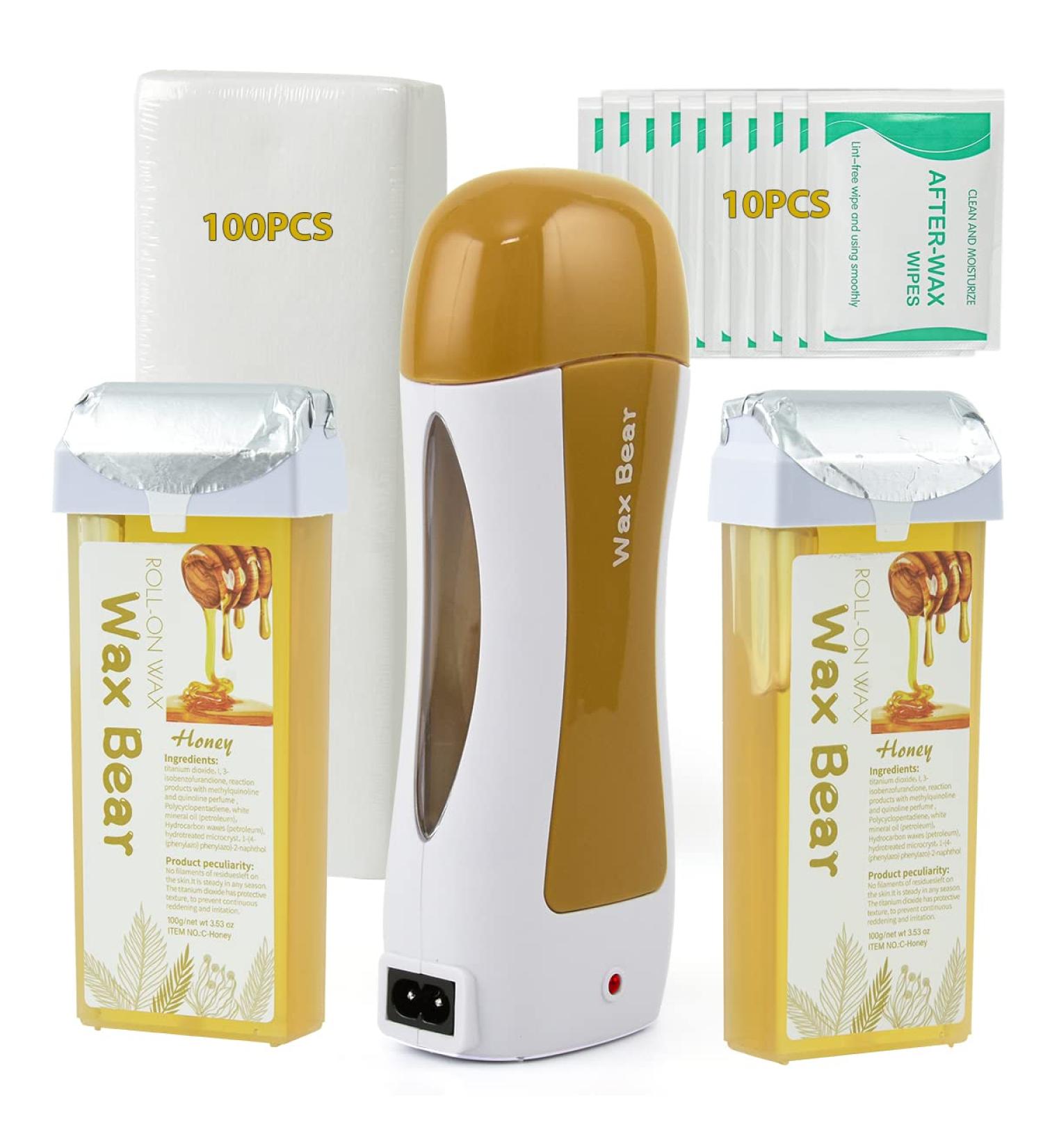 Wax Bear Roll On Wax Kit - Sensitive Skin Soft Wax Heater with Cartridge Refill, 10 Wipes, 100 Wax Strips - Yellow - Buy Online on SooperMarket.com