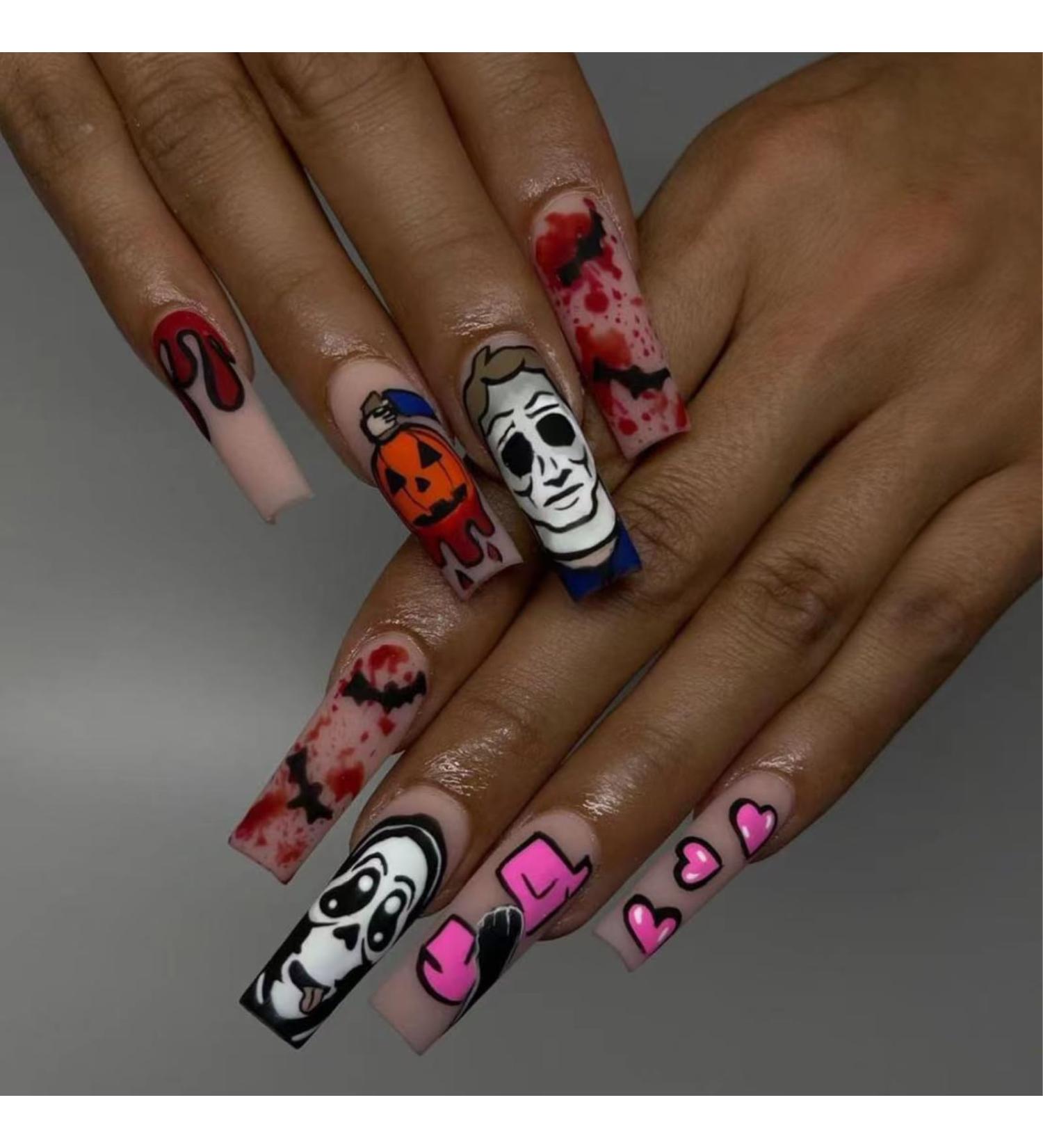 Extra Long Halloween Press on Nails - Pumpkin Ghost & Bat Design | Matte Nude Coffin Full Cover Fake Nails - 24 Pcs with Adhesive Jelly Glue - Buy Online on SooperMarket.com