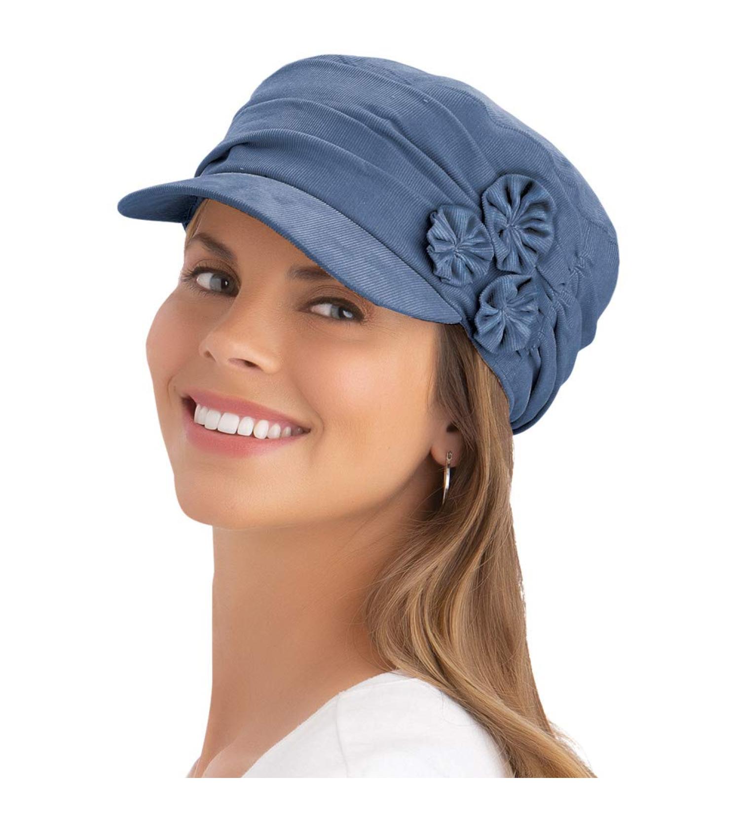 Collections Etc Stylish and Comfortable Side Embellished Hat, Shirring Details, Flowers, Elastic Blue