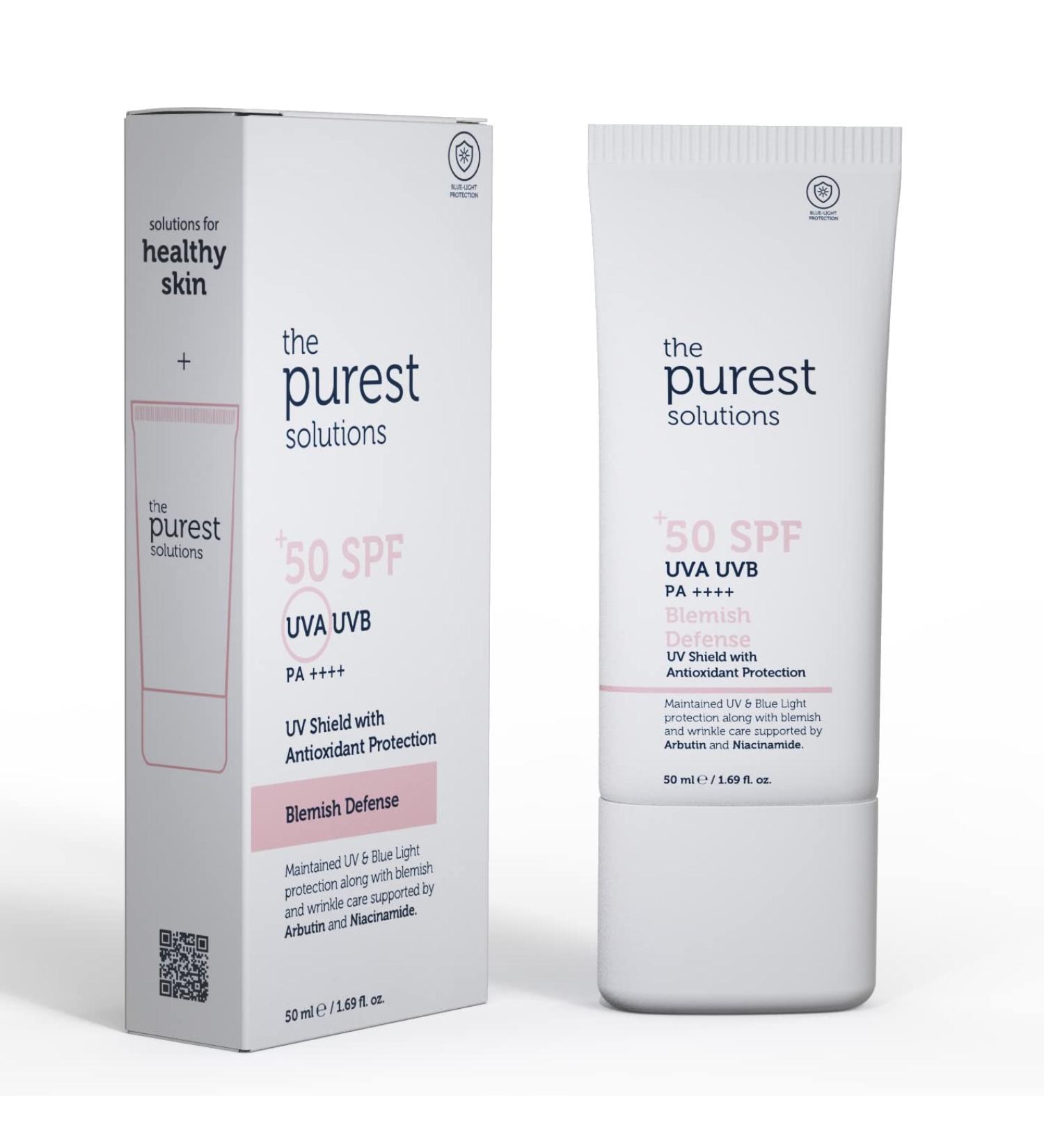 Purest Solutions Blemish Defense SPF 50+ with Arbutin & Niacinamide - Vegan, Cruelty Free - Buy Online on SooperMarket.com