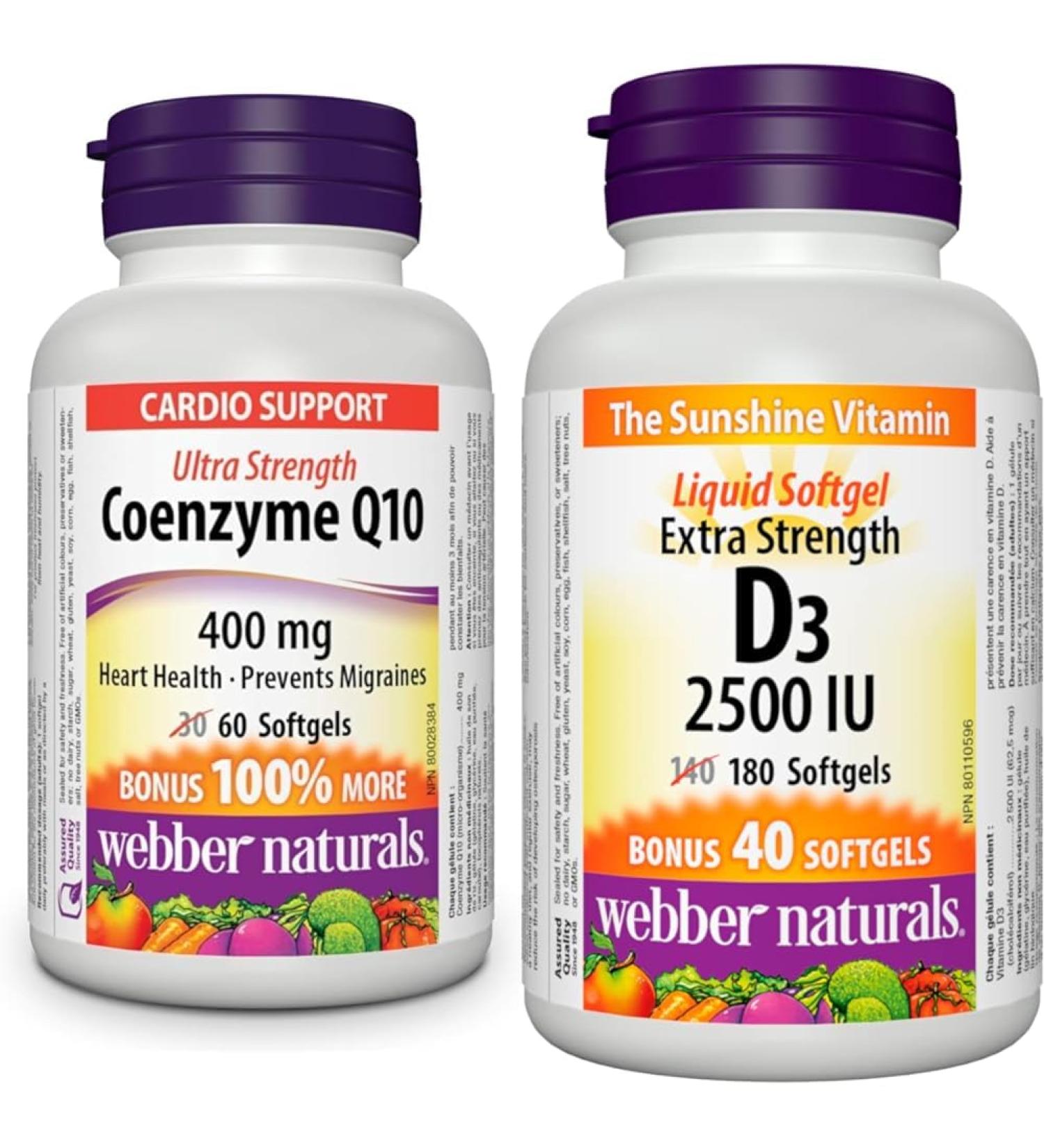 Webber Naturals Coenzyme Q10 (CoQ10) 400mg 60 Softgels & Vitamin D3 2500 IU Extra Strength 180 Softgels For Healthy Bones Teeth and Helps Prevent Vitamin D Deficiency - Buy Online on SooperMarket.com