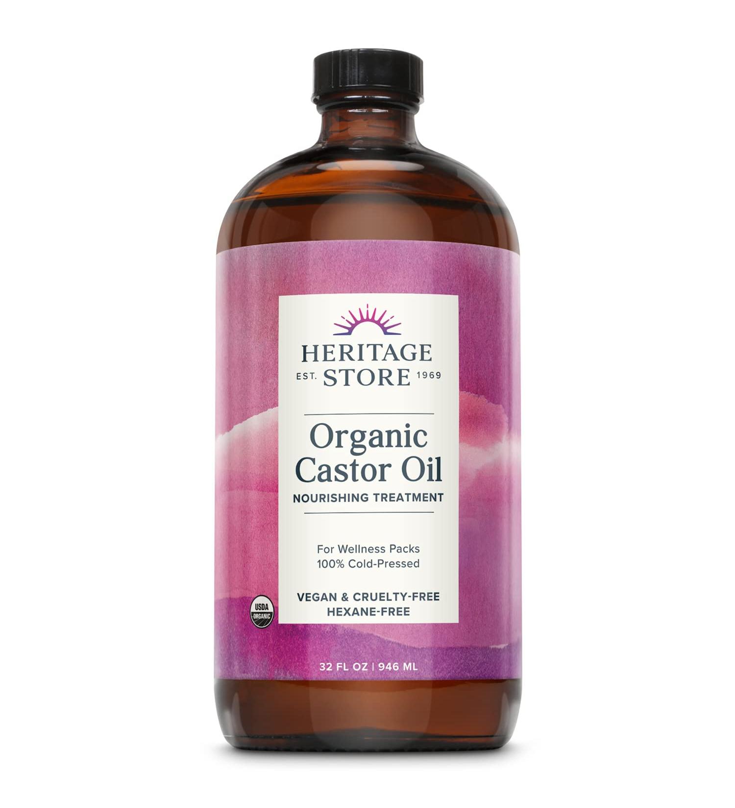 Heritage Store Organic Castor Oil 32oz - Nourishing Hair & Skin Treatment | Cold Pressed, Hexane Free, Vegan, Cruelty Free - Glass Bottle for Healthy Hair, Eyelashes, Brows & Castor Oil Packs - Buy Online on SooperMarket.com