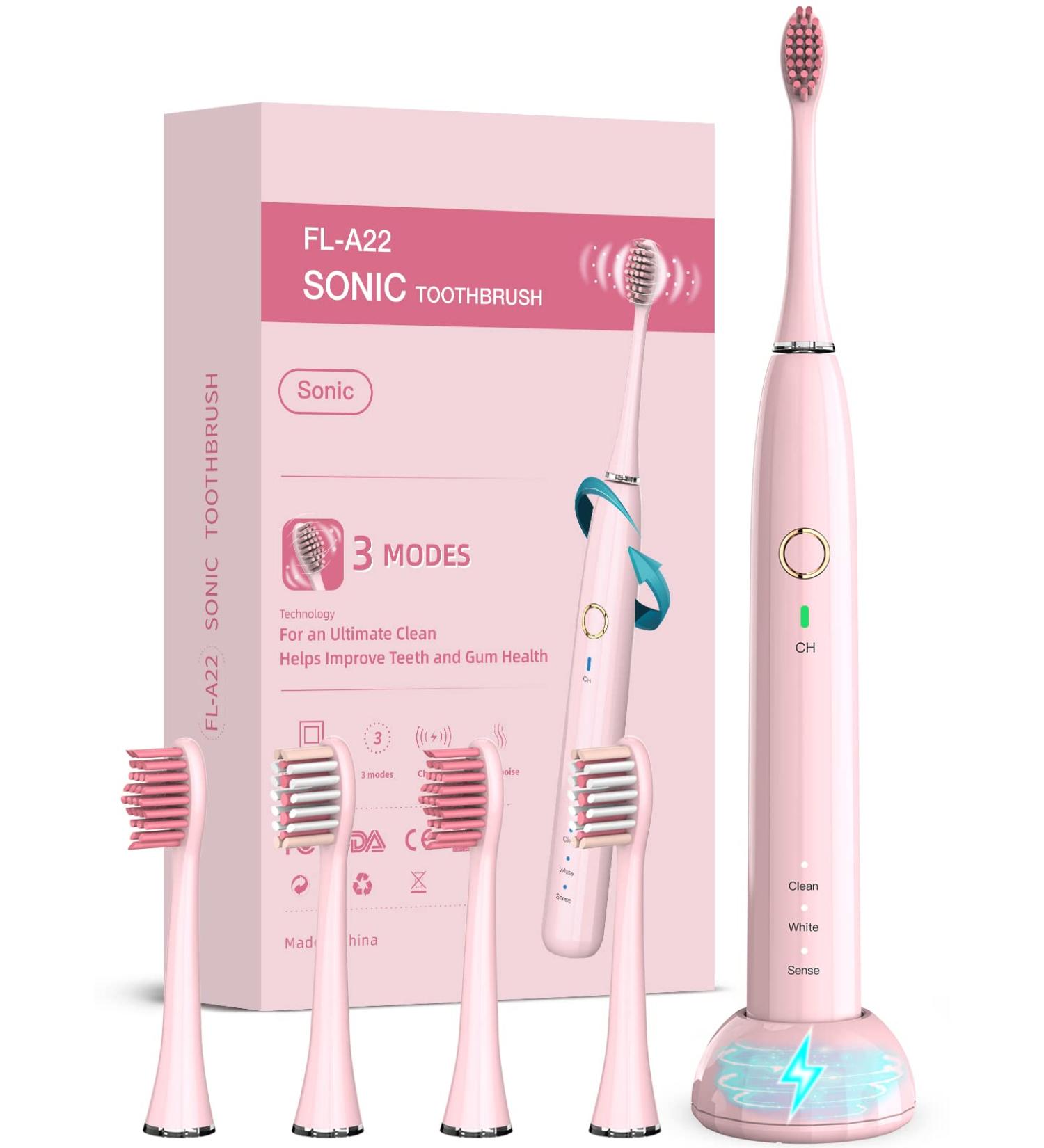 NBGRLVS Rechargeable Sonic Electric Toothbrush for Adults | 3 Modes, 2 Min Timer, 4 Brush Heads | Fast Charge & Travel-Friendly | Easy Dental Care | Pink - Buy Online on SooperMarket.com