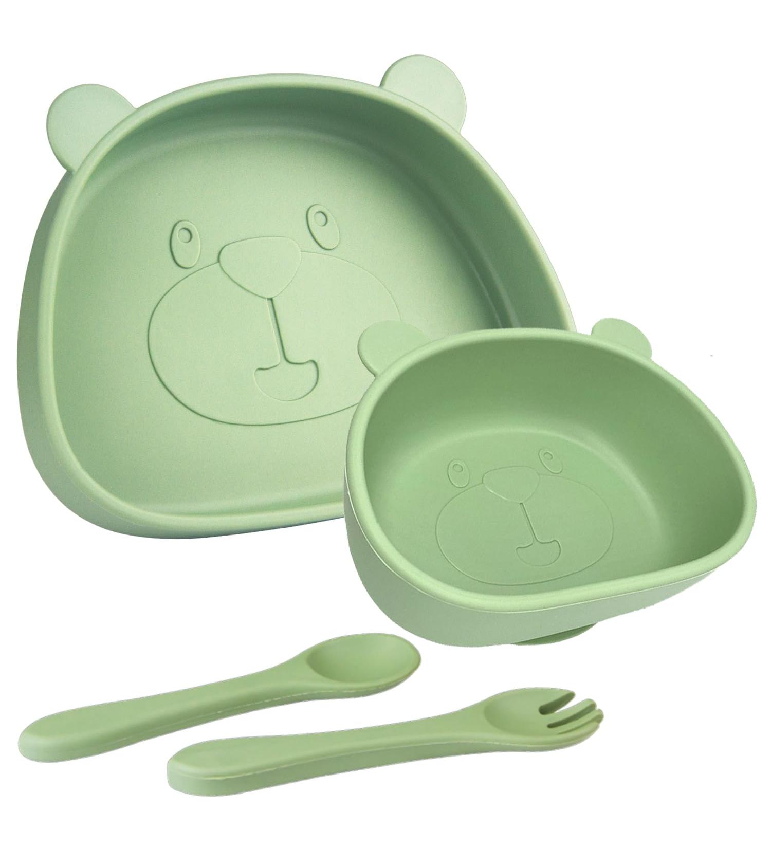 Qshare Suction Baby Plate and Bowl Set | Fork Spoon | Silicone Feeding Supplies for Toddler Self-Feeding | BPA-Free | Bears-Green - Buy Online on SooperMarket.com