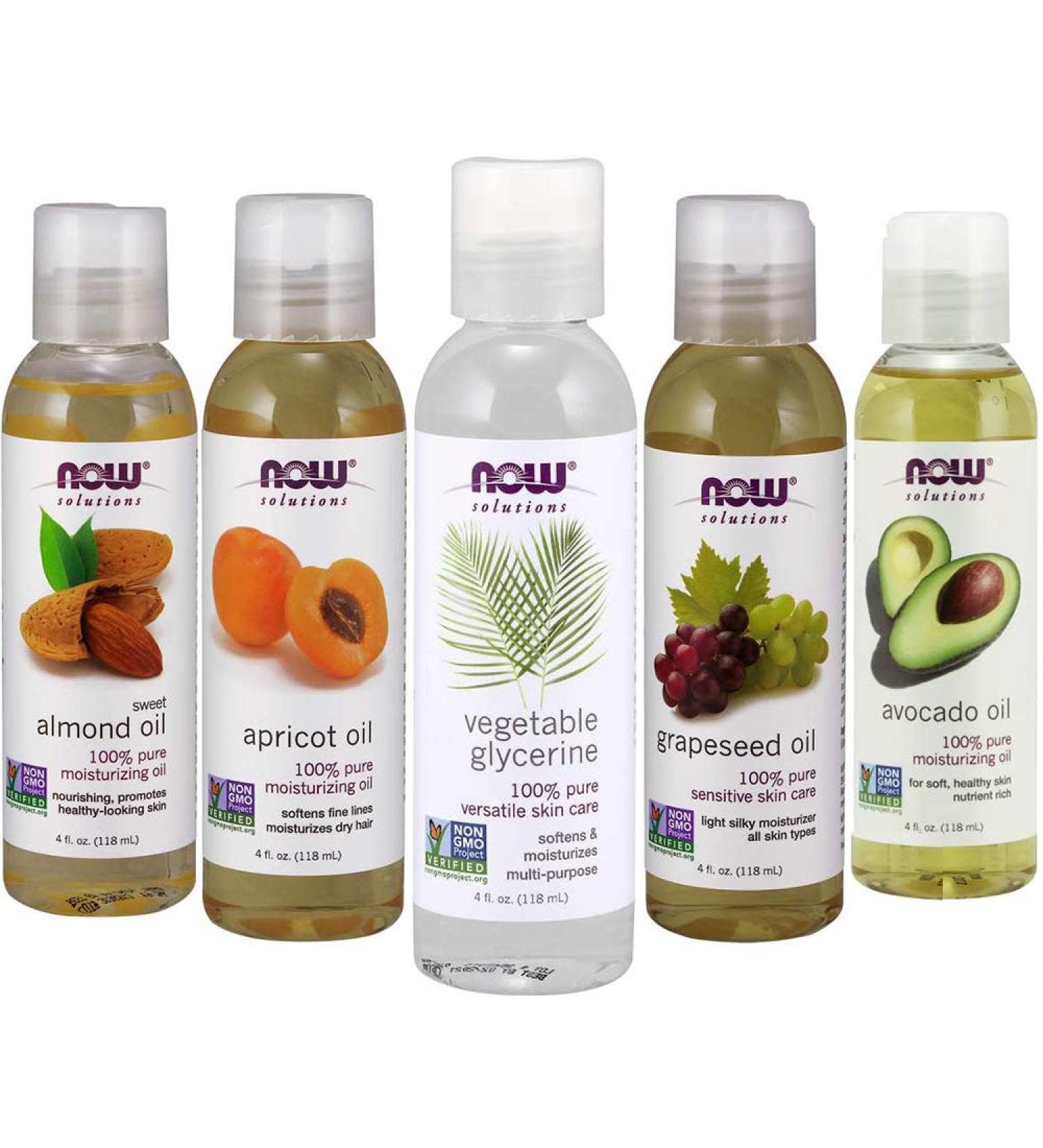 New Now Foods Solutions 5 Pack - Carrier Oil Gift Set: Almond Oil - Grapeseed Oil - Avocado Oil - Apricot Oil - Vegetable Glycerine Oil 100% Natural Moisturizing Massage 4 Oz