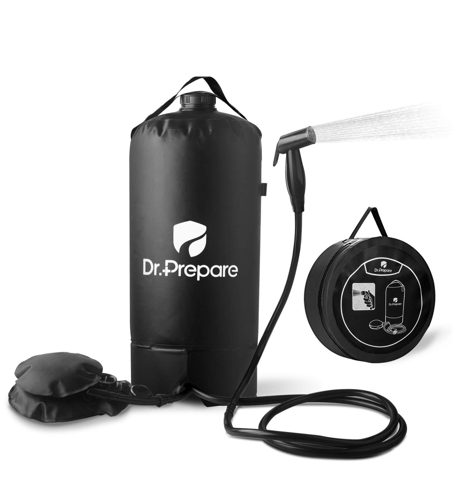 Dr. Prepare 4 Gallon Camping Shower Bag with Upgraded Screw Lid, Pressure Foot Pump, and Handy Nozzle - Portable Solar Shower for Beach, Camping, Hiking Trip - Buy Online on SooperMarket.com