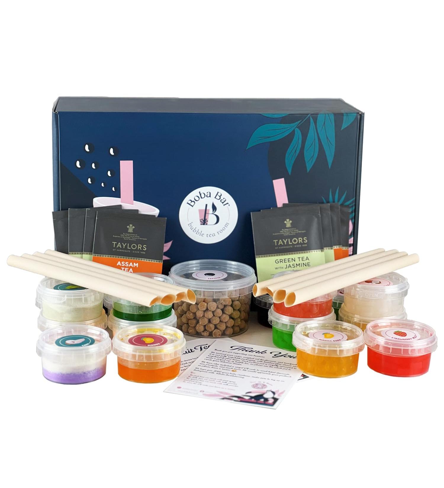 Boba Bar London | Bubblicious Mixed Bubble Tea Kit | 8 Mixed Tea Flavours | 8 Boba & Jelly Toppings | Tapioca Pearls | 8 Bamboo Straws | 8 Tea Bags | 2 Recipe Cards Boba Bar London | Bubblicious Mixed Bubble Tea Kit | 8 Mixed Tea Flavours | 8 Boba & Jelly - Buy Online on SooperMarket.com