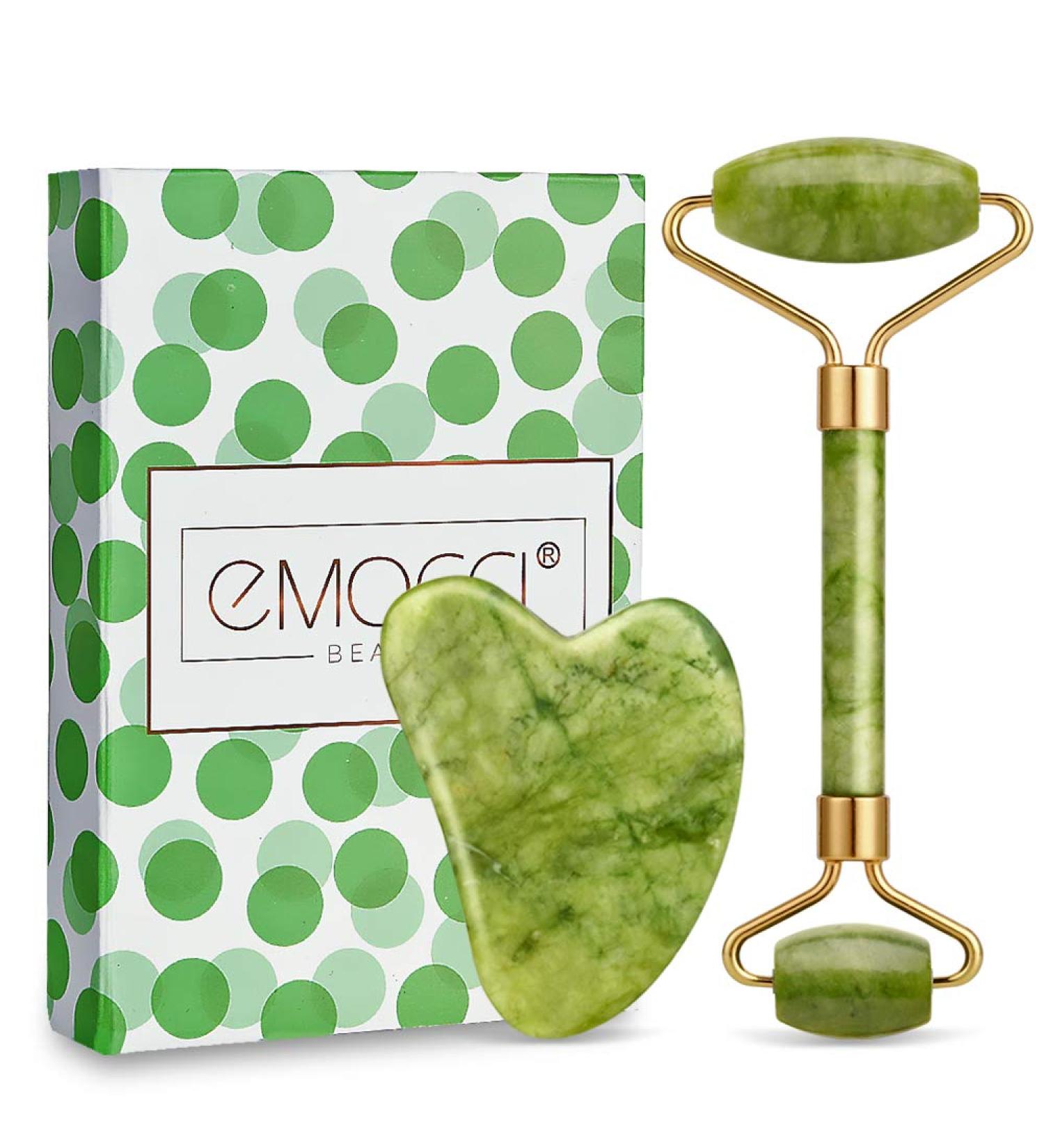 EMOCCI Jade Roller and Gua Sha Set - Facial Beauty Tools Kit for Anti-Aging and Muscle Relaxation - 100% Real Jade - Gift Box Included (Green) - Buy Online on SooperMarket.com