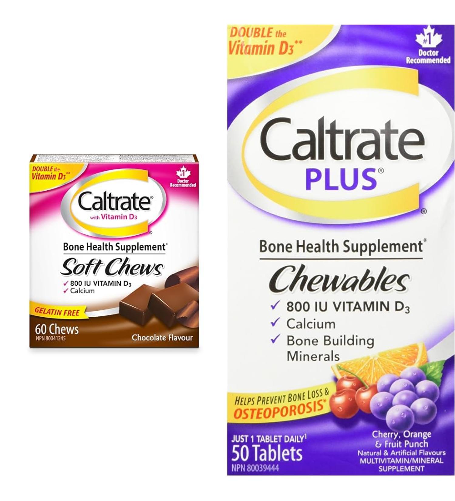 Caltrate with Vitamin D Soft Chews (60 Count Chocolate Flavour) Calcium Bone Health Supplement & Plus Chewables (50 Count Cherry Orange Fruit Flavour) Calcium/Vitamin D3 Supplement - Buy Online on SooperMarket.com