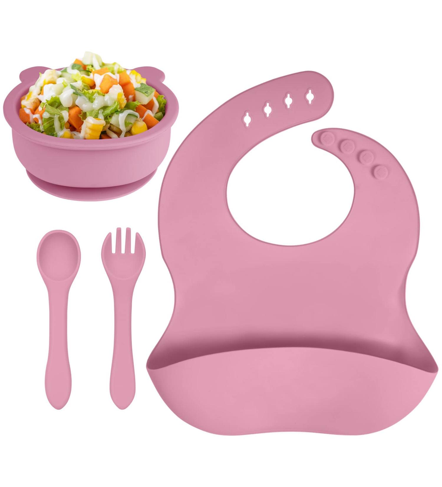 Vicloon Baby Weaning Set 4 Pcs | Silicone Feeding Set with Suction Plate, Bowl, Bib, Spoon & Fork | BPA Free | Toddlers & Kids Bowl Set | Pink Bear Sucker Bowl - Gift for Kids - Buy Online on SooperMarket.com