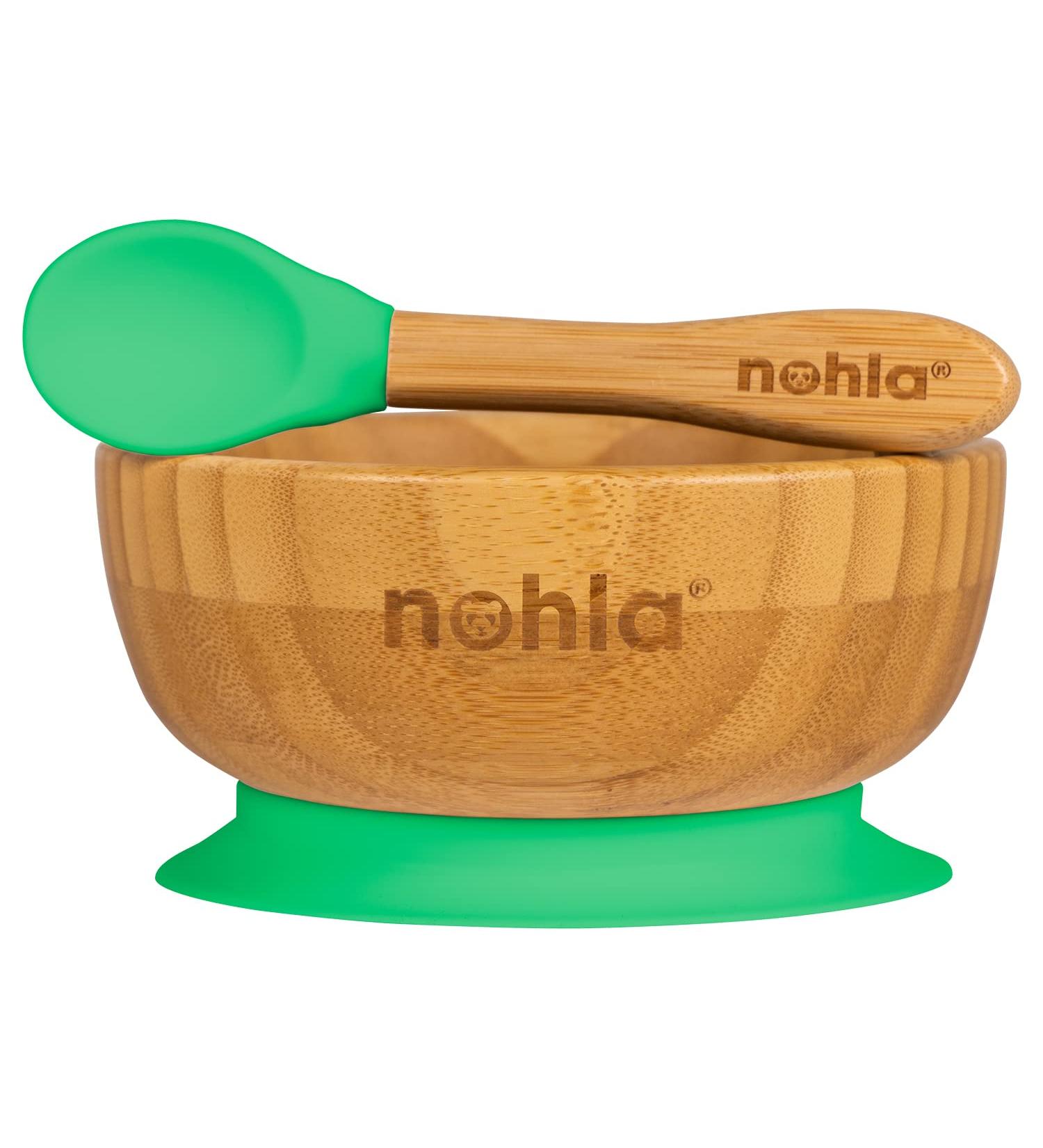 nohla - Bamboo Baby Weaning Suction Bowl and Spoon Set - Green - 350ml Capacity - 100% Natural & Organic BPA-Free Silicone - Toddler Mealtime Essentials Green Bowl