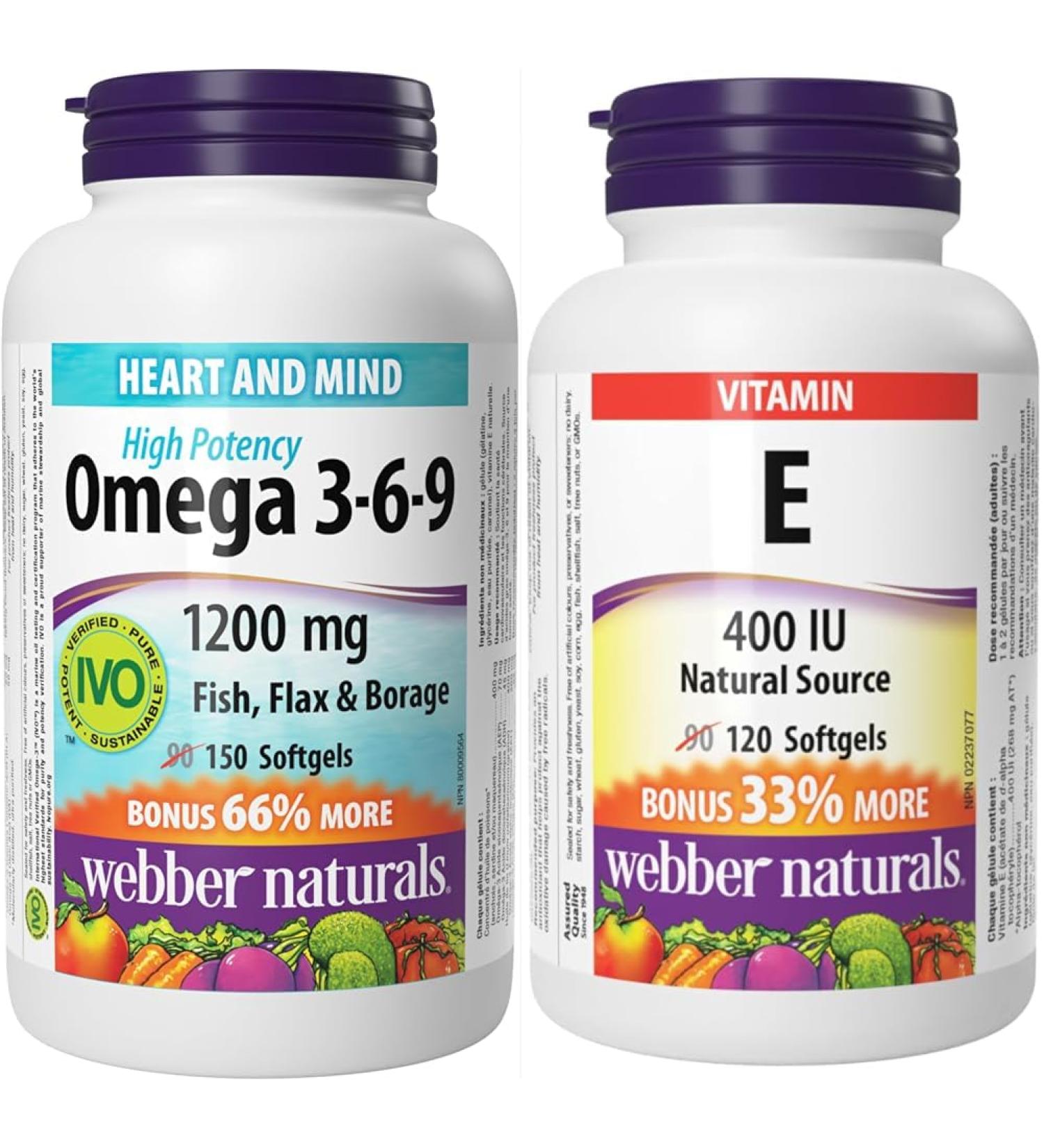 Webber Naturals Omega 3-6-9 1 200 mg Fish Oil 150 Softgels Supports Cardiovascular Health and Brain Function & Vitamin E 400 IU 120 Softgels Natural Source of Vitamin E Antioxidant Support Omega 3-6-9 + Vitamin E 400 IU - Buy Online on SooperMarket.com