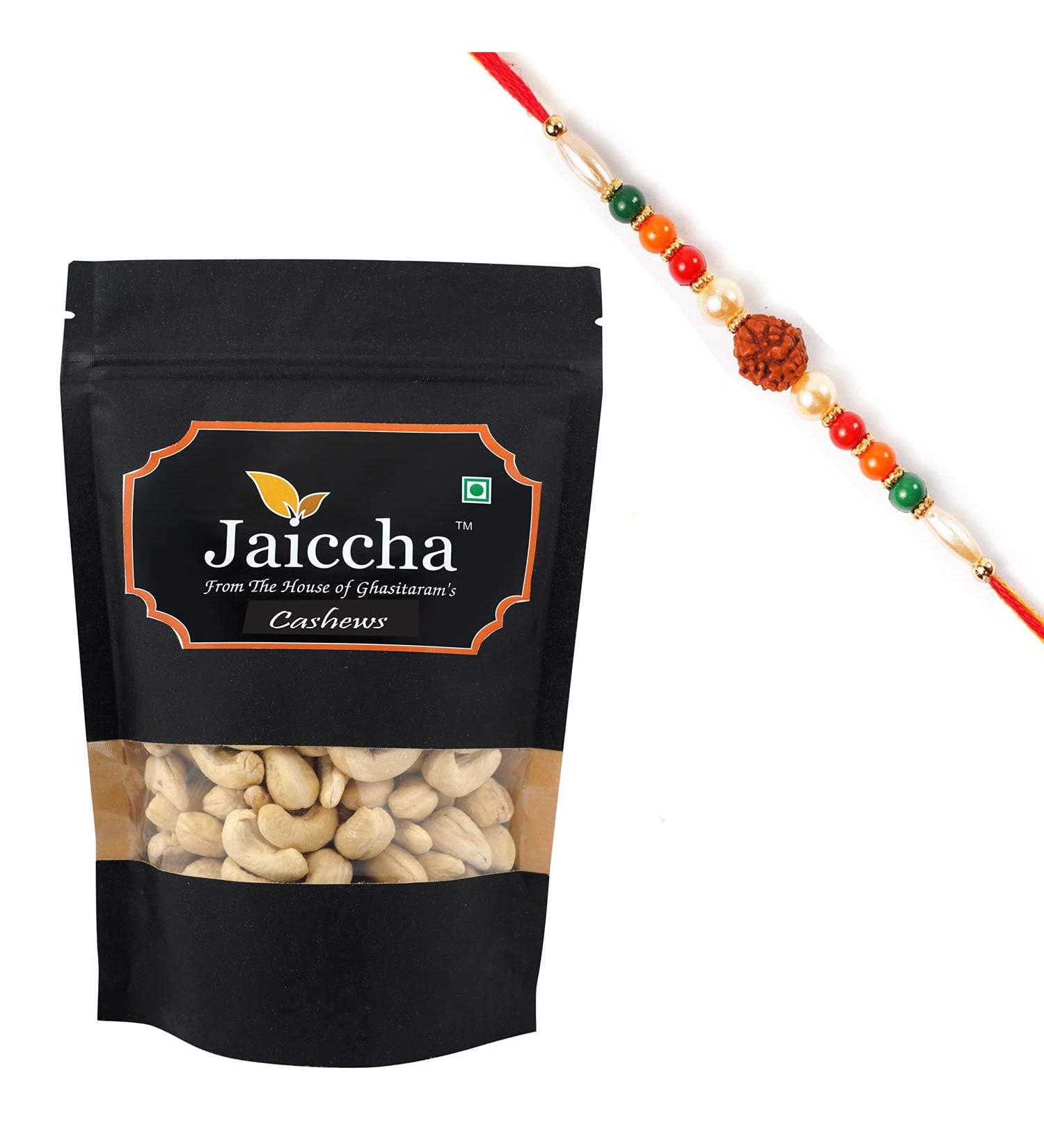 Jaiccha Ghasitaram Rakhi Gifts for Brothers Rakhi Dryfruits - Goan Cashews 200 GMS in Black Paper Pouch with Rudraksh Rakhi - Buy Online on SooperMarket.com