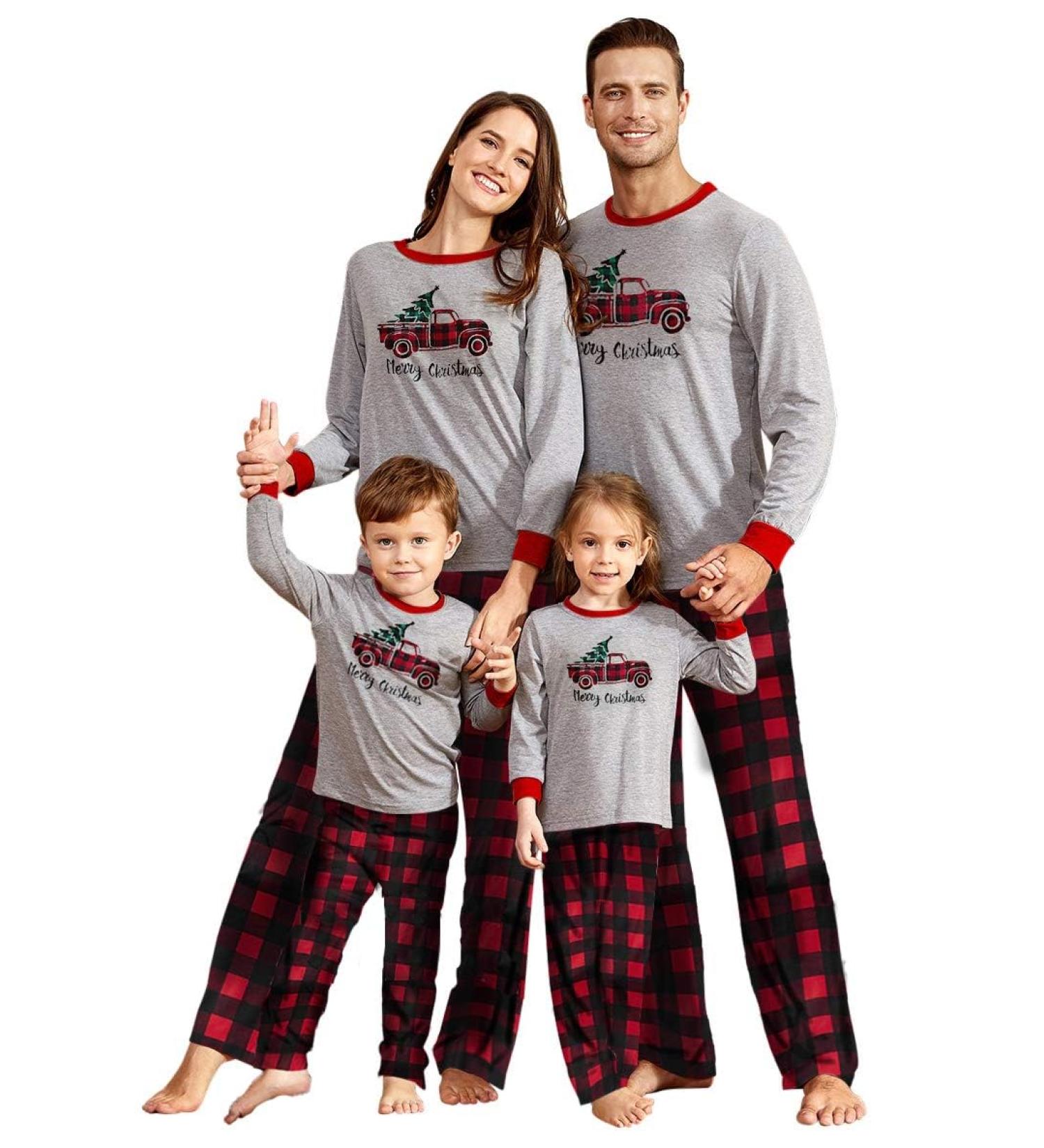 IFFEI Christmas Family Matching Pajamas Set | Xmas Letter Print Tops Plaid Pants Sleepwear | Women Men Kids Baby Pet | Grey/Truck - Buy Online on SooperMarket.com