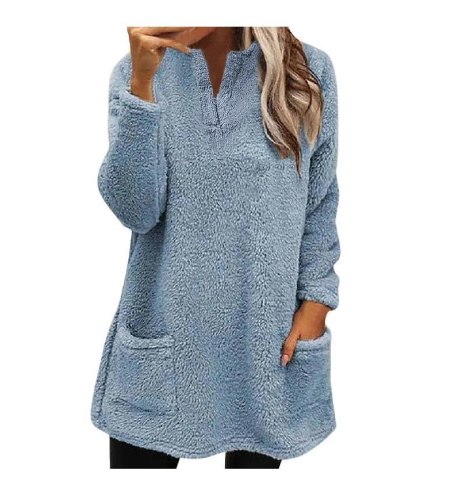 AMhomely Women's Teddy Fleece Hooded Jumper - Blue XL | Plus Size Double Fleece Casual Hoodies with V Neck, Pocket, and Soft Fleece for Winter | Lightweight Lounge Pullover Tops - Buy Online on SooperMarket.com