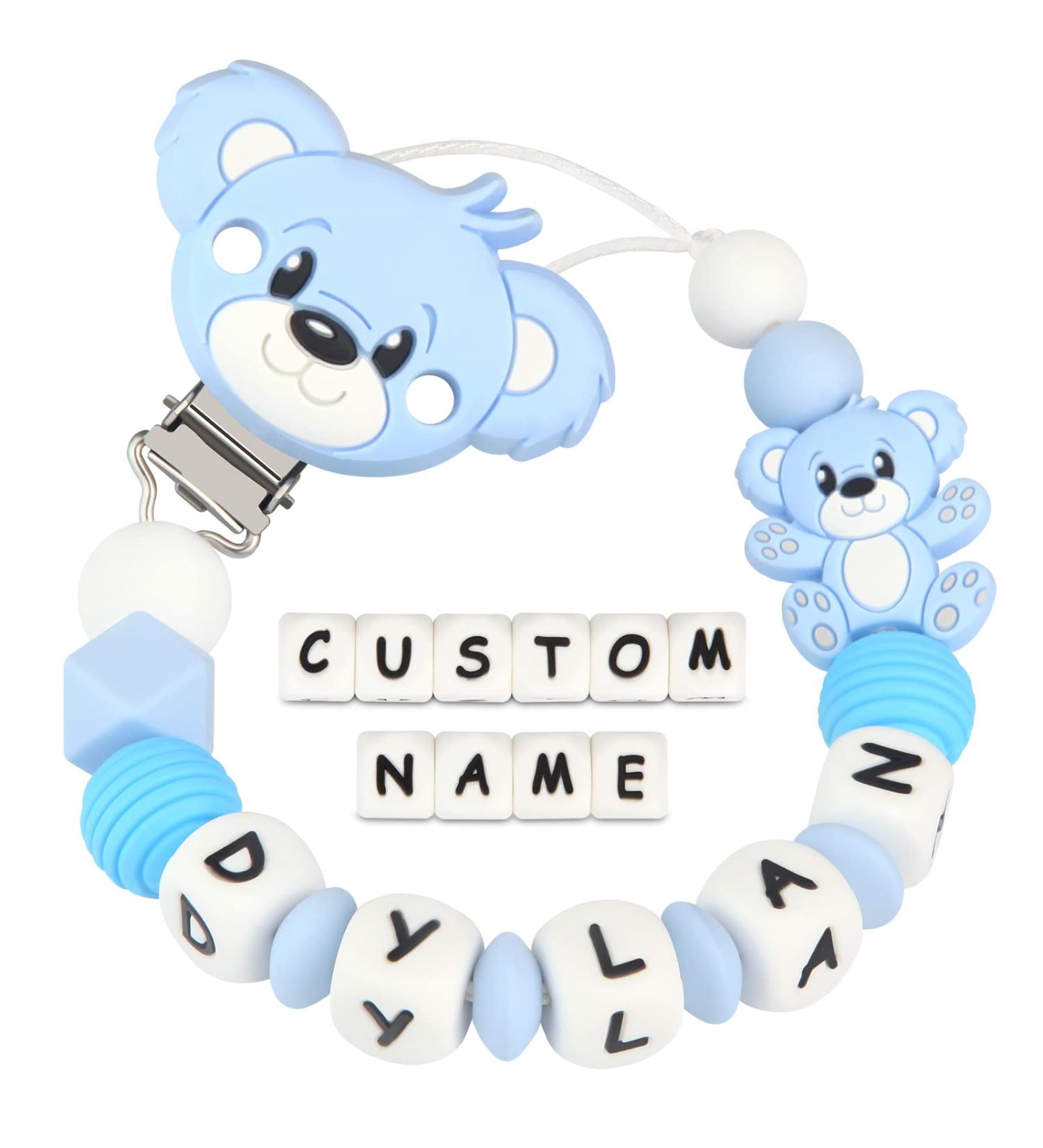 Kowlone pacifier chain with name boys girls personalized teddy bear pacifier clips holder (light blue) A: Teddy Bear Light Blue