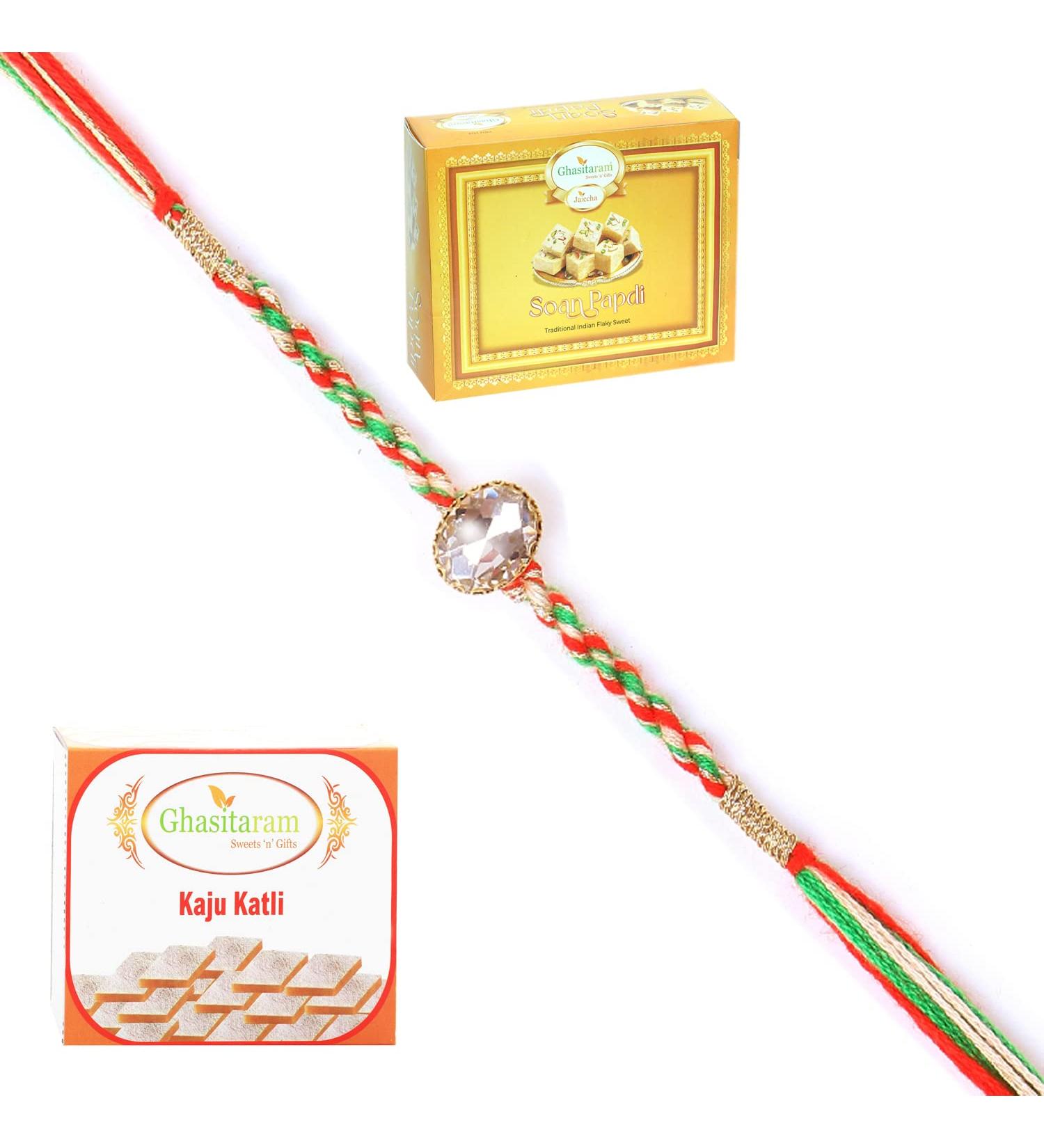 Ghasitaram Gifts Rakhi for Brother Rakhis Online - 6377 Fancy Thread Rakhi with 200 GMS of Kaju katli and 200 GMS of Soan Papdi - Buy Online on SooperMarket.com