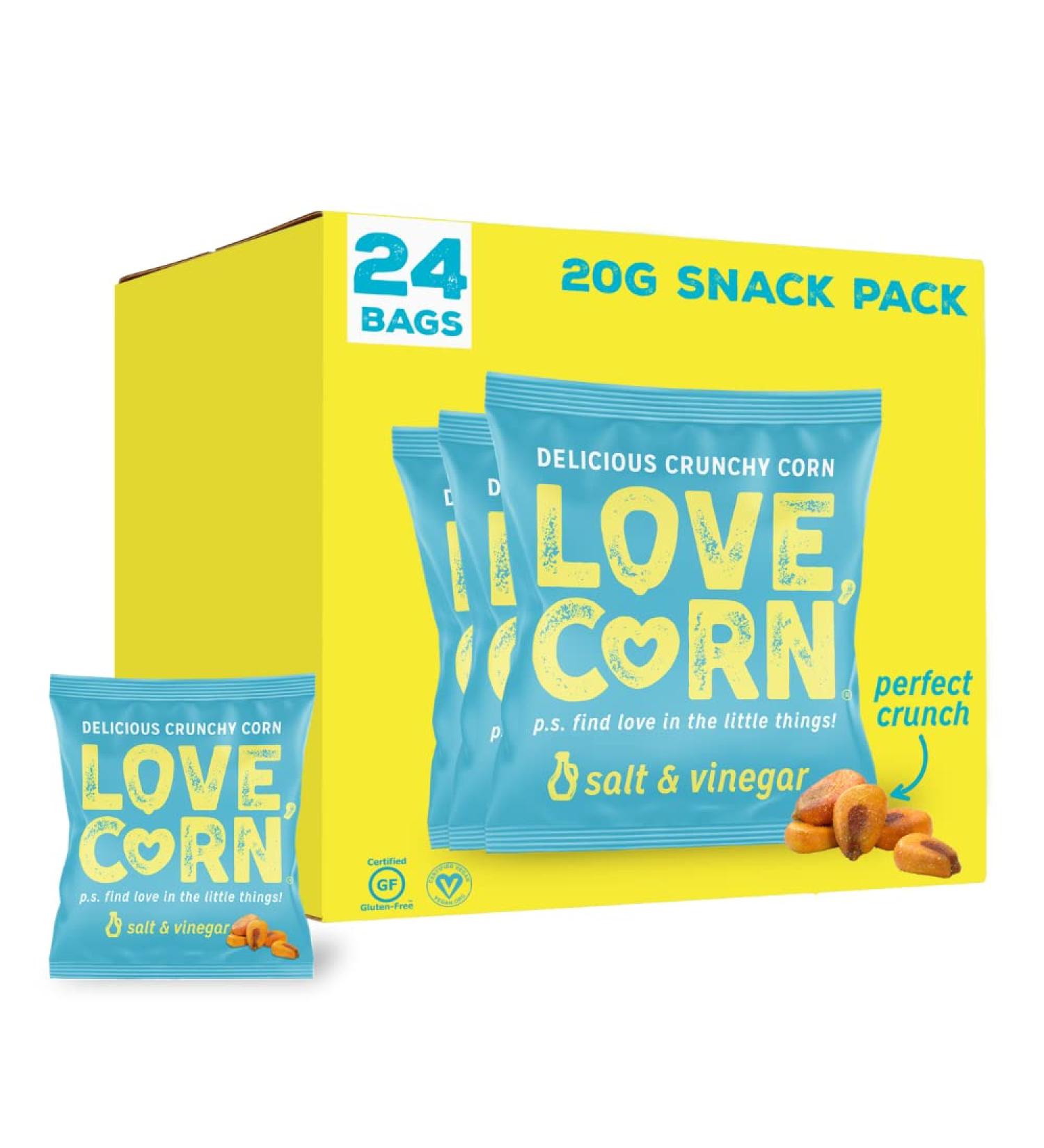 LOVE CORN Salt & Vinegar Crunchy Corn Snack 20g x 24 Bags - Gluten-Free & Vegan Healthy Snack, Low Sugar Alternative for Crisps and Nuts - Perfect for Grazing - Buy Online on SooperMarket.com