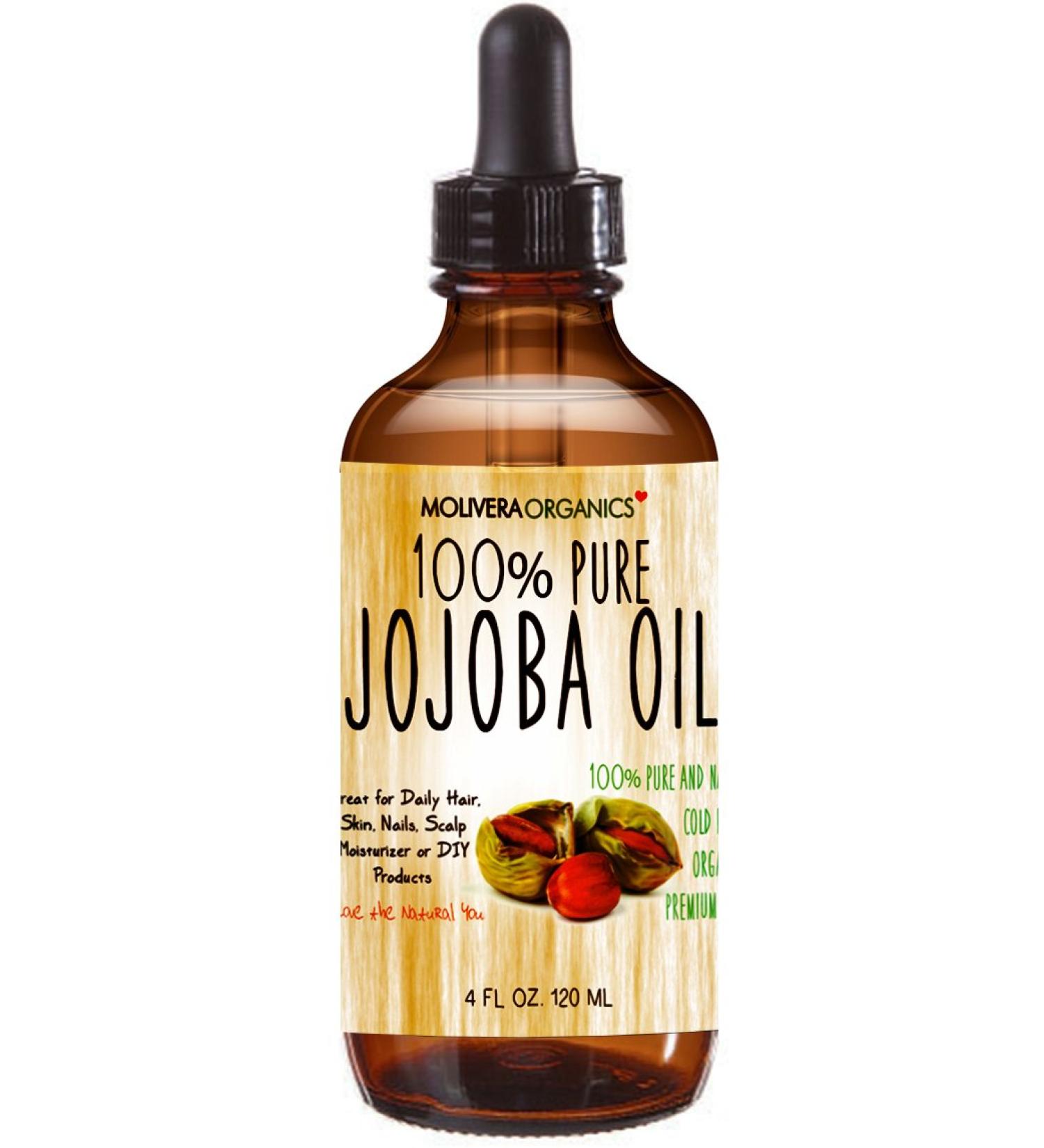 Molivera Organics Premium Jojoba Oil 4 Fl Oz - 100% Pure Organic Cold Pressed Unrefined for Hair, Skin, Face & Nails - UV Resistant Bottle - Satisfaction Guarantee - Buy Online on SooperMarket.com