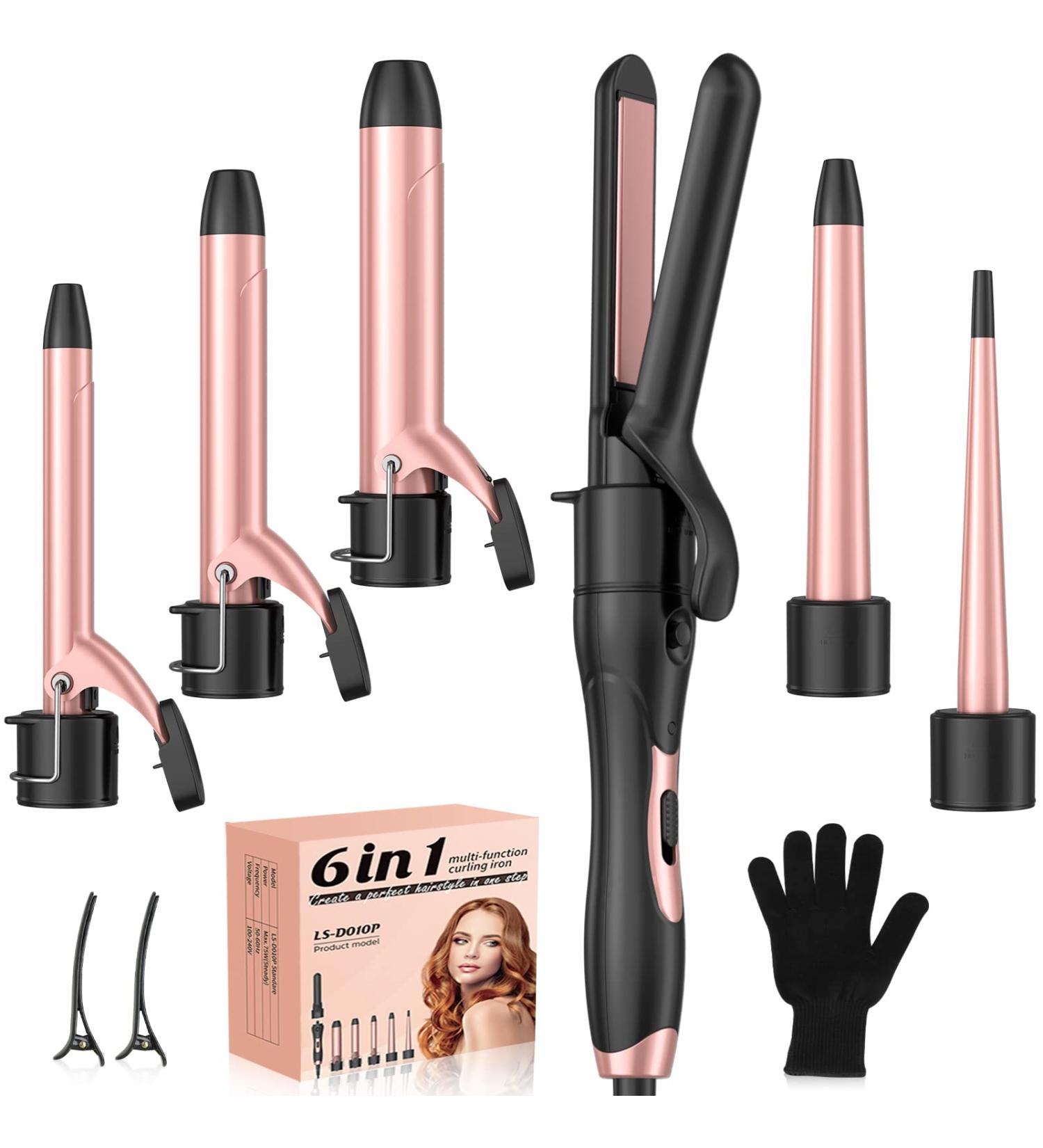 6 in 1 Wand Curling Iron Set with Flat Iron Hair Straightener - Professional Dual Voltage Hair Styling Hot Tools in Red - Buy Online on SooperMarket.com