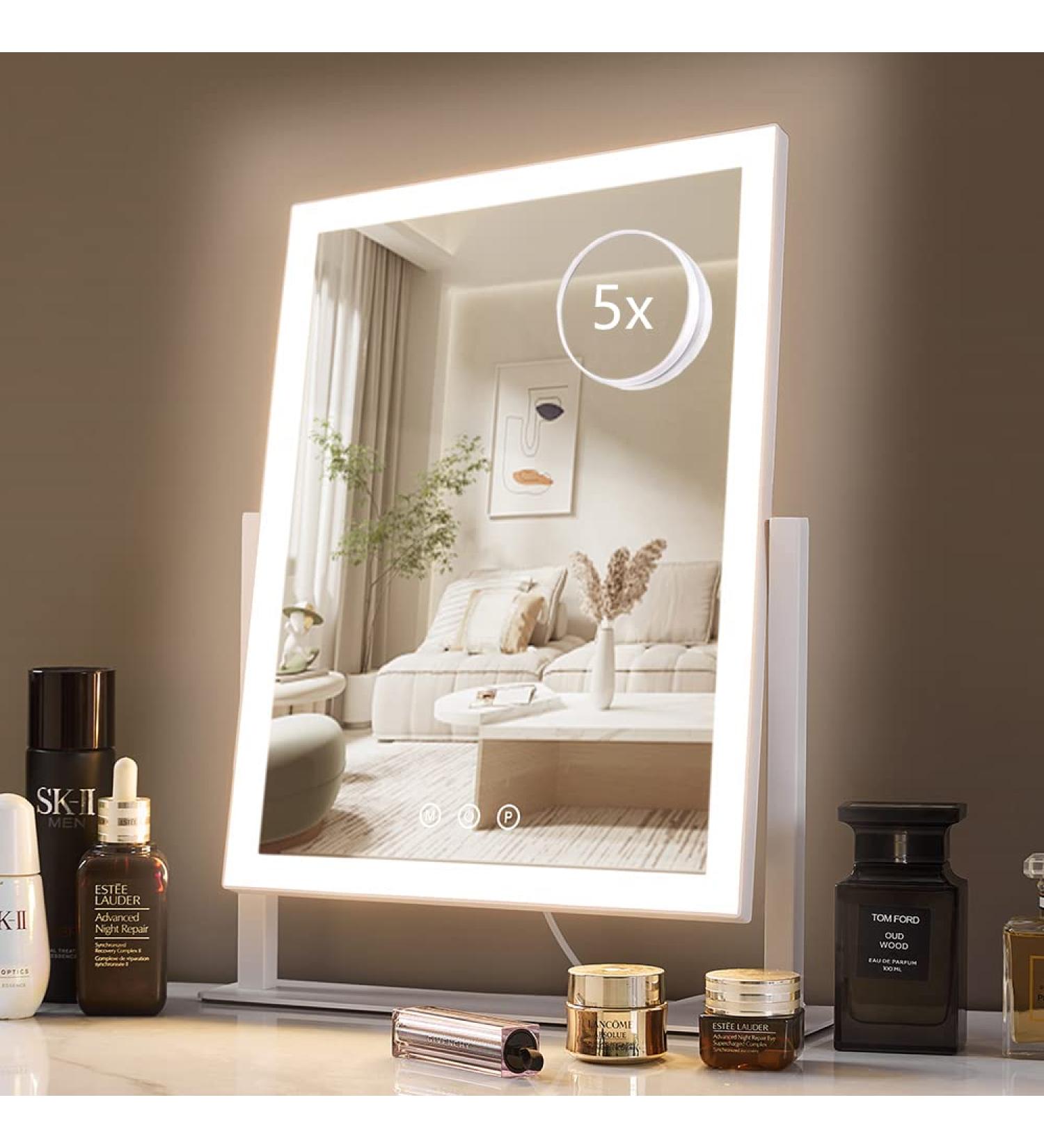 HIEEY Lighted Makeup Mirror with Three Color Lighting Modes, 5X Magnification, Smart Touch Control, and 360 Rotation - 15.2in. White | Hollywood Vanity Mirror with Lights - Gift Box Included - Buy Online on SooperMarket.com