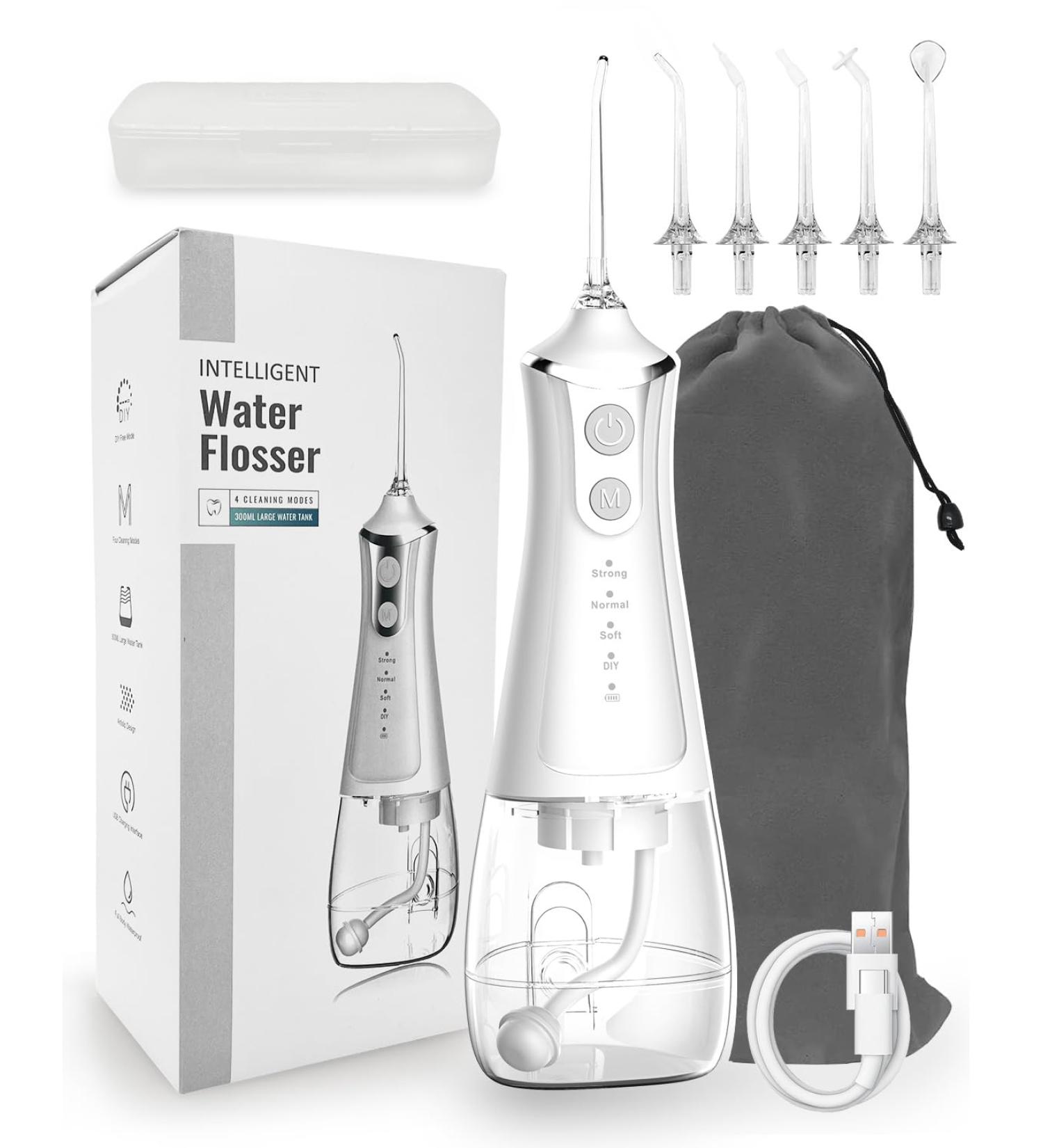 Portable Water Flosser - 4 Modes, Cordless, 5 Jet Tips, USB Rechargeable - Dental Teeth Cleaner for Home & Travel - Buy Online on SooperMarket.com