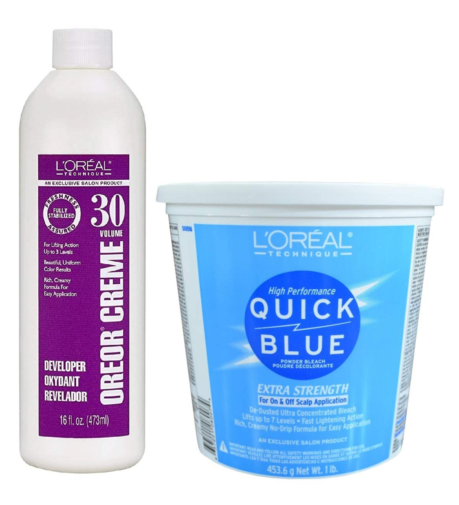 L'Oreal Technique Quick Blue Powder Bleach Extra Strength 1lb w/30 Volume Oreor Developer 16oz Bundle