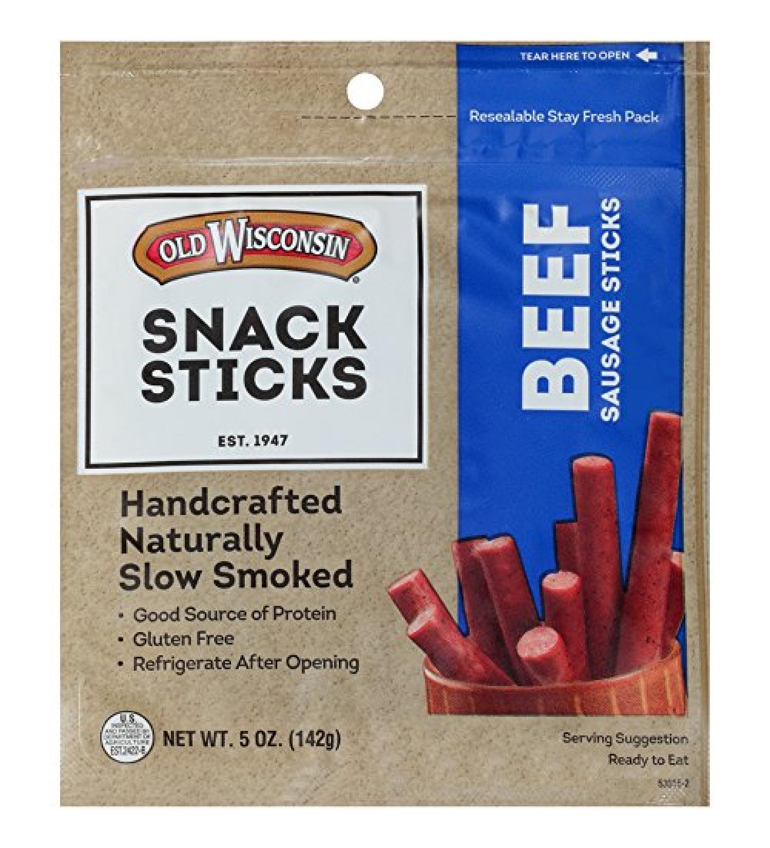 Old Wisconsin Beef Sausage Snack Sticks - Naturally Smoked, High Protein, Low Carb, Keto, Gluten Free - 5 oz Reasealable Pack - Buy Online on SooperMarket.com