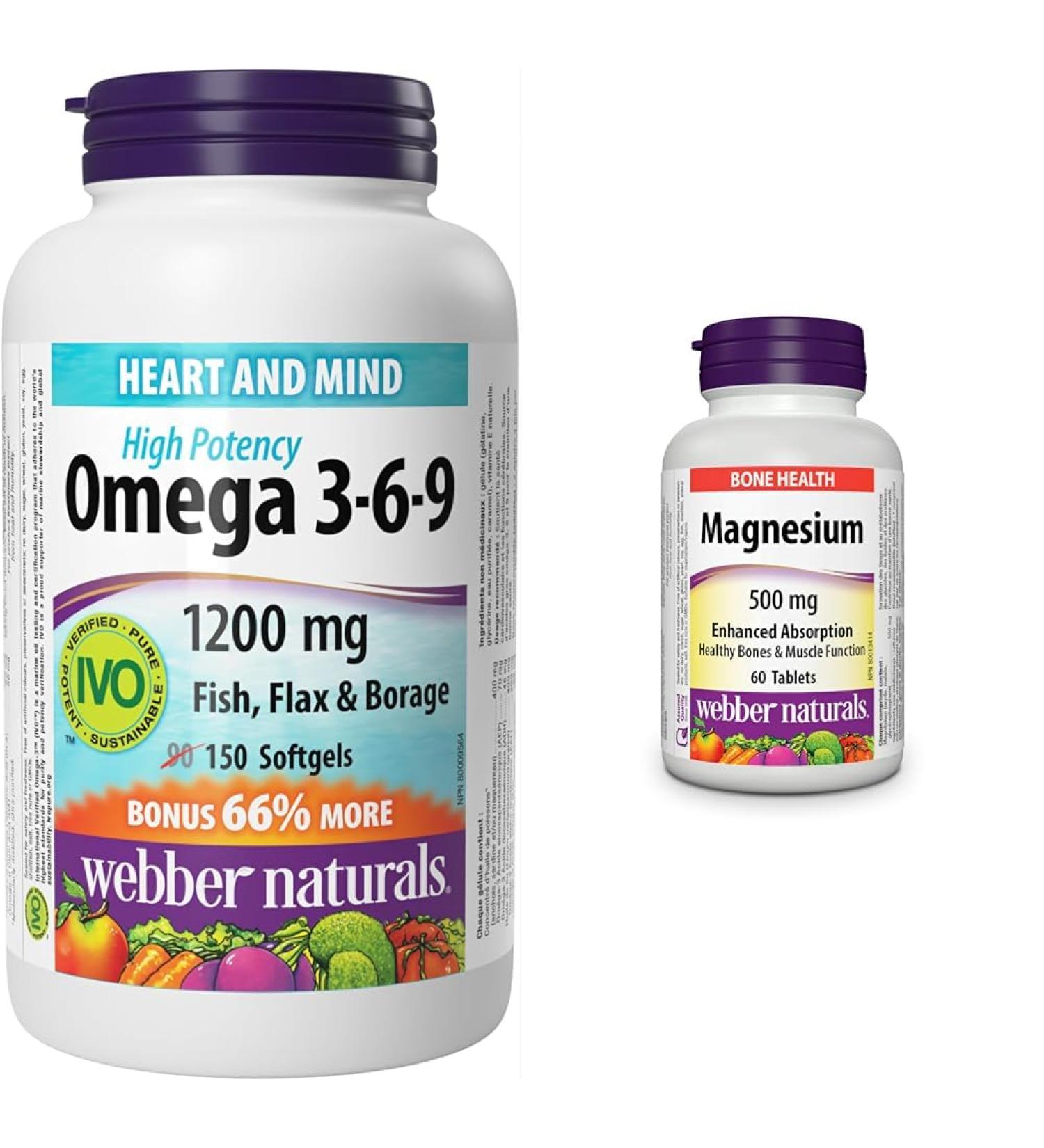 Webber Naturals Omega 3-6-9 1 200 mg Fish Oil + Magnesium 500 mg Tablets Bundle for Cardiovascular Brain Bone and Muscle Health Omega 3-6-9 + Magnesium 500 mg - Buy Online on SooperMarket.com