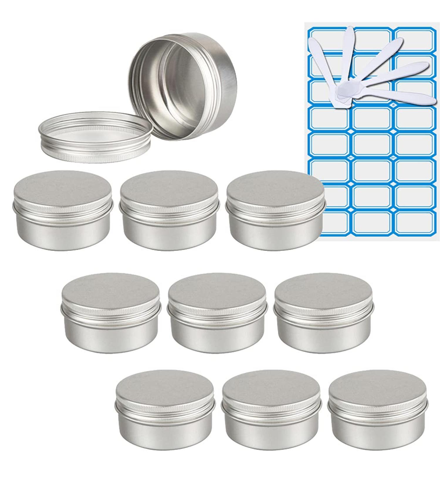 Zeoabsy 10-Piece Silver Aluminum Tins - 80ml Round Screw Cap Cans for Cosmetics Candles & Ointments | Includes 5 Spatulas & Label - Buy Online on SooperMarket.com