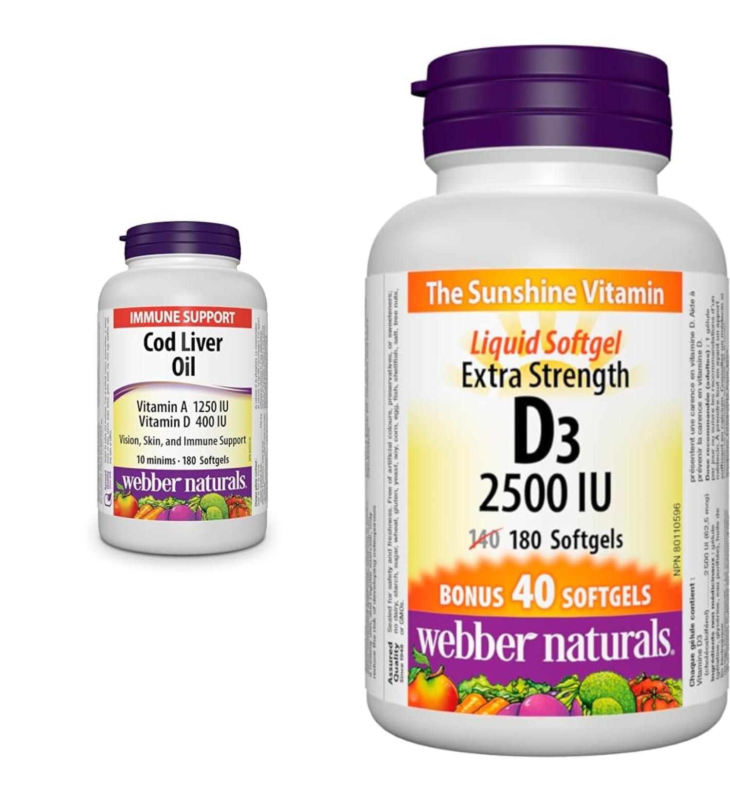 Webber Naturals Cod Liver Oil with Vitamin A and D3 180 Softgels Vision Skin and Immune Support & Vitamin D3 2500 IU Extra Strength 180 Softgels For Healthy Bones Teeth Vitamin +Vitamin D3 2500 IU - Buy Online on SooperMarket.com