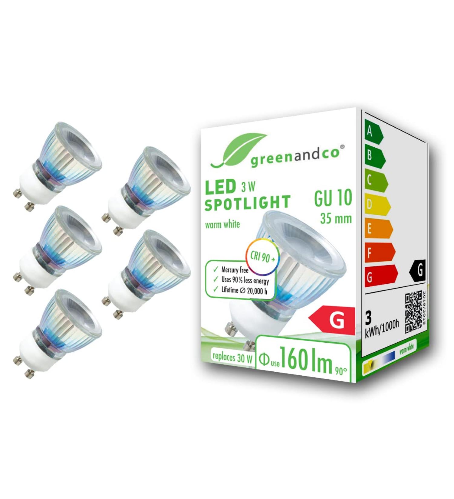 Buy Greenandco 5x CRI 90+ GU10 35mm LED Spot Lights - 3W 160 LM Warm White 3000K | Flicker-Free 2-Year Guarantee - Buy Online on SooperMarket.com