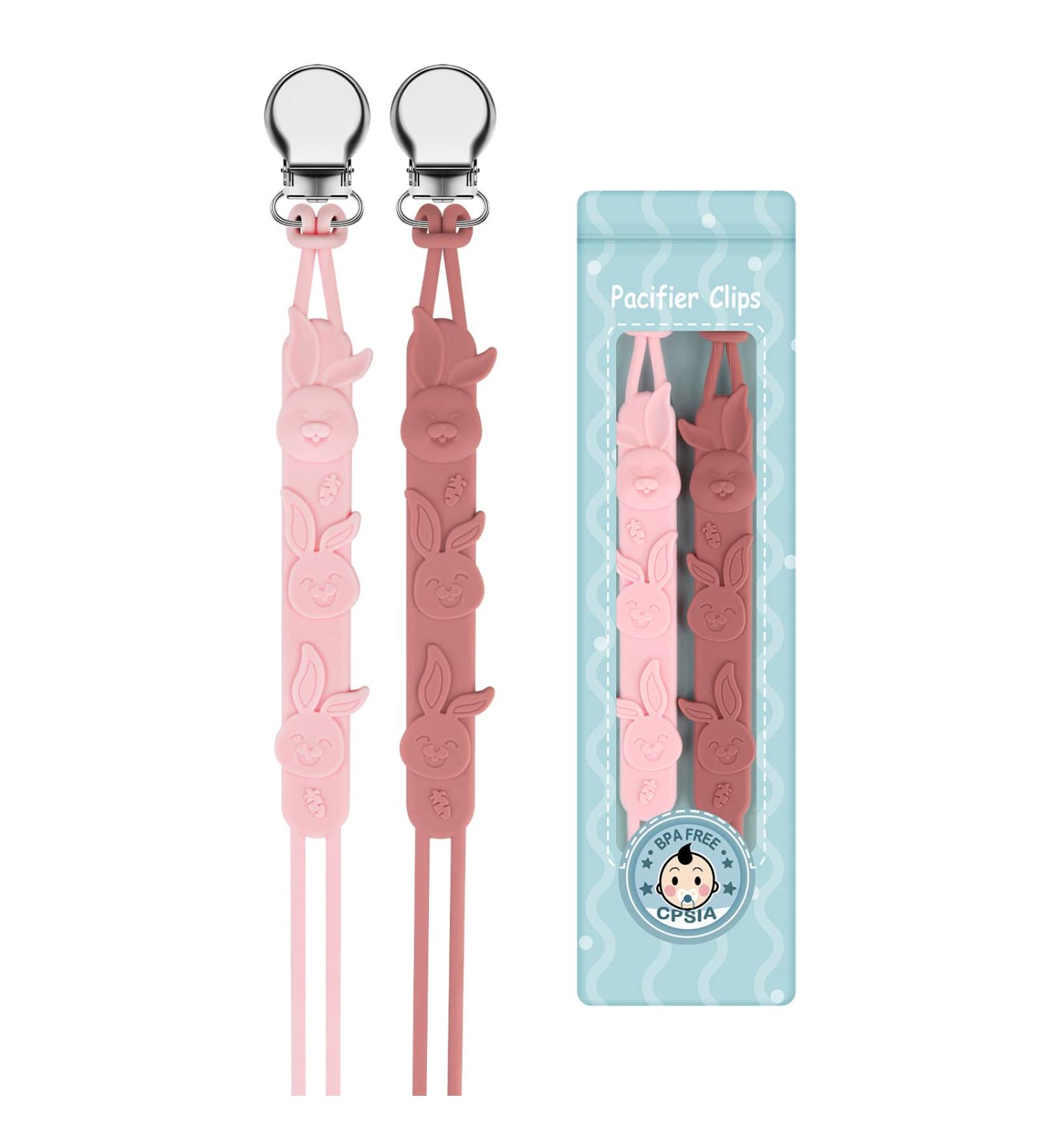 Shop Kowlone Silicone Rabbit Pacifier Clips for Girls - 2-Pack Pink Dummy Chains for Baby Showers - Buy Online on SooperMarket.com